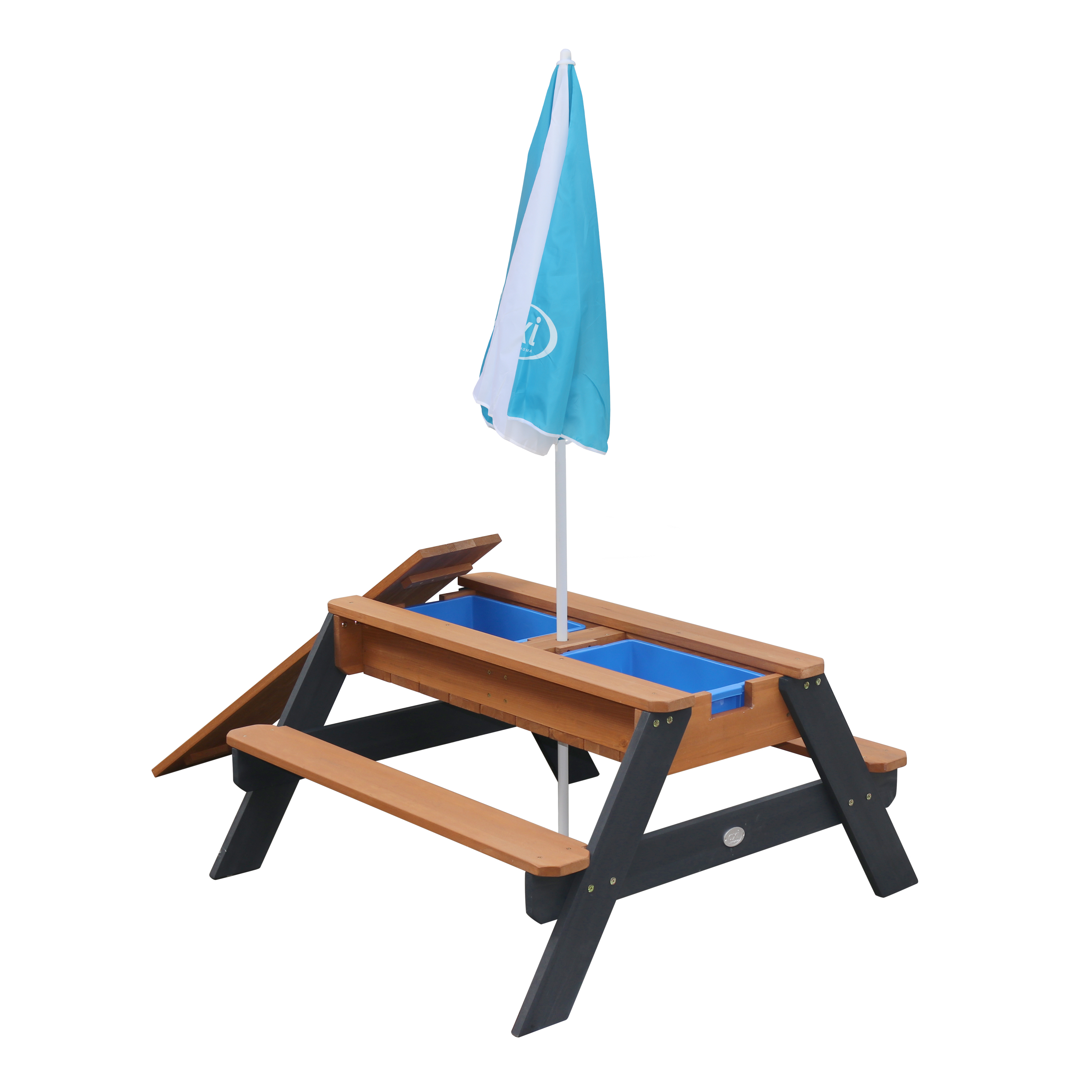 AXI Nick Zand & Water Picknicktafel Antraciet/bruin Limited - Parasol Blauw/wit