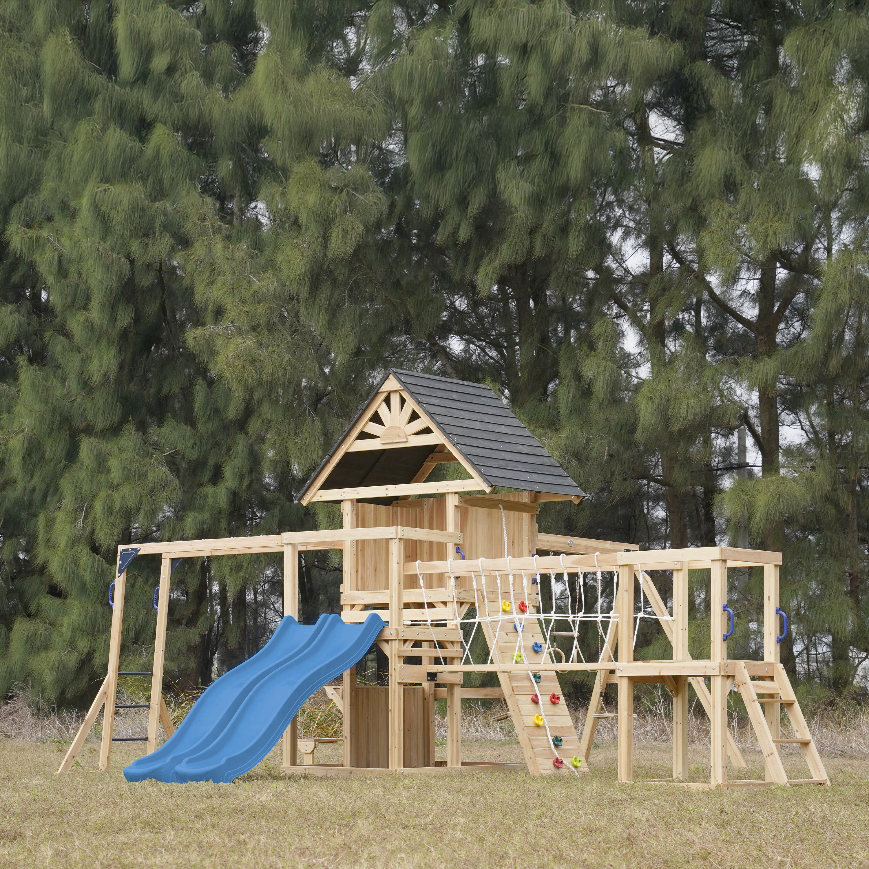 AXI Hunter Climbing Frame with Swings, Climbing Frame, Climbing Bridge and Multiple Platforms – Blue Double Slide