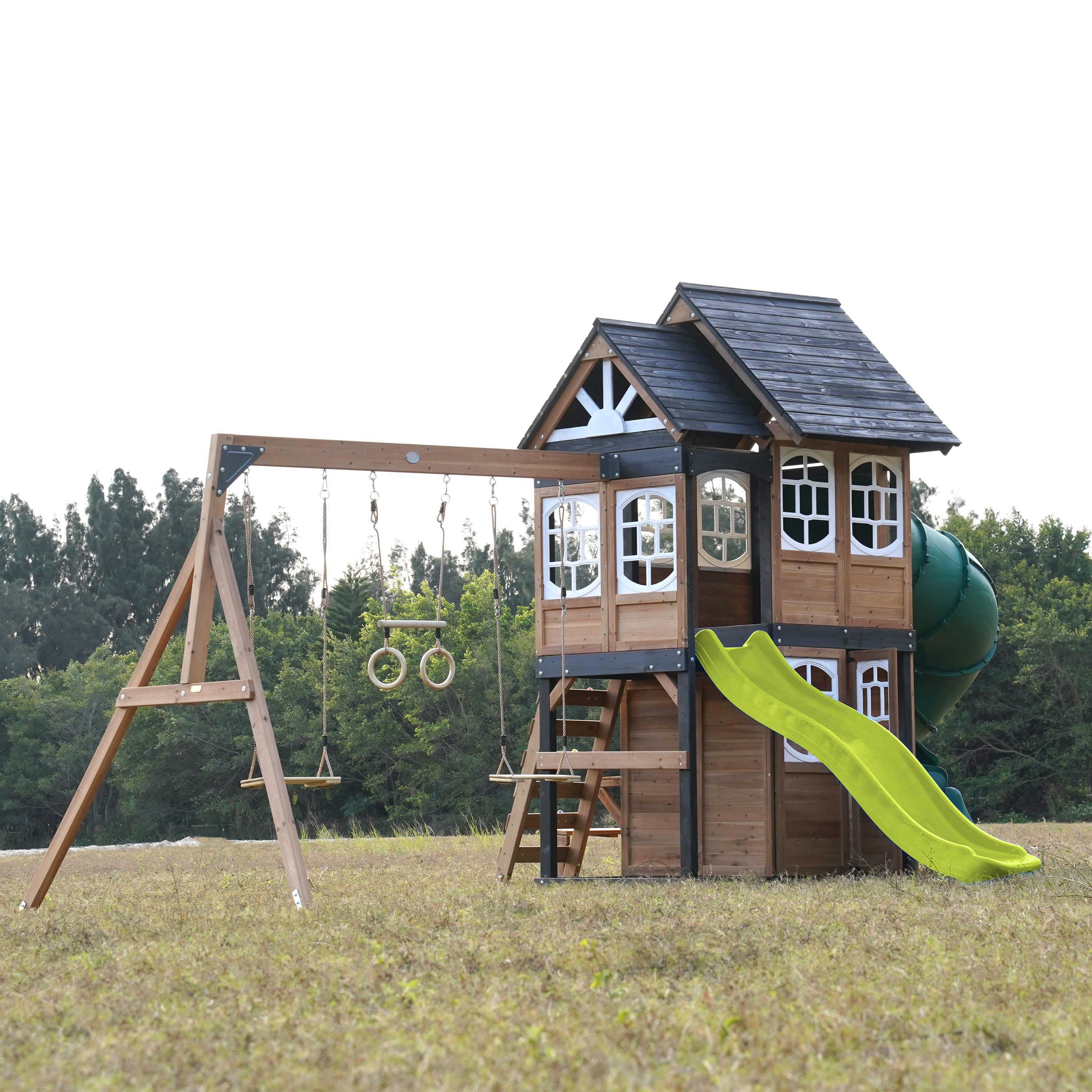 AXI Noud Climbing Frame with Playhouse, Swings, Trapeze and Climbing Wall – Lime Green Slide and Tube Slide