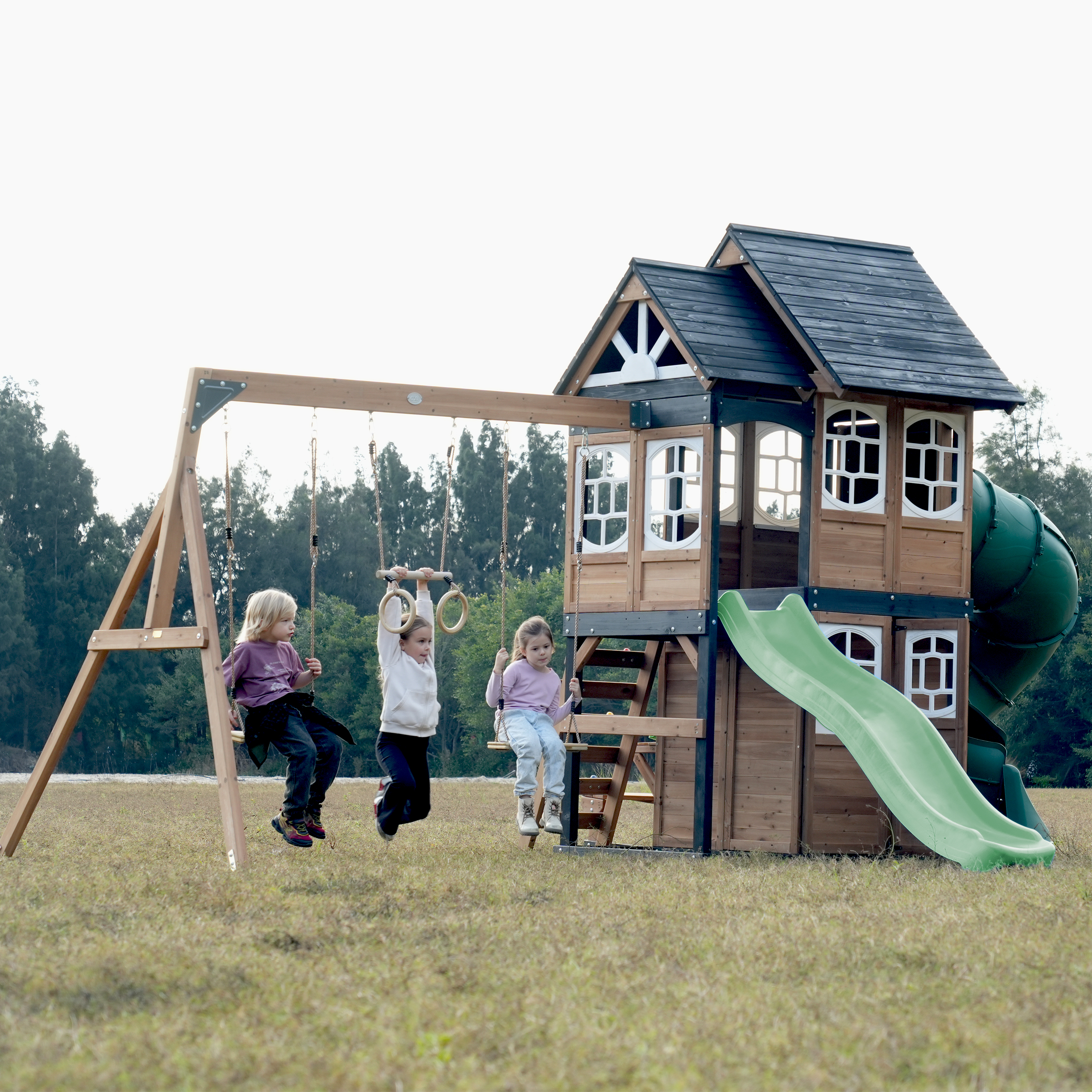 AXI Noud Climbing Frame with Playhouse, Swings, Trapeze and Climbing Wall – Pastel Green Slide and Tube Slide