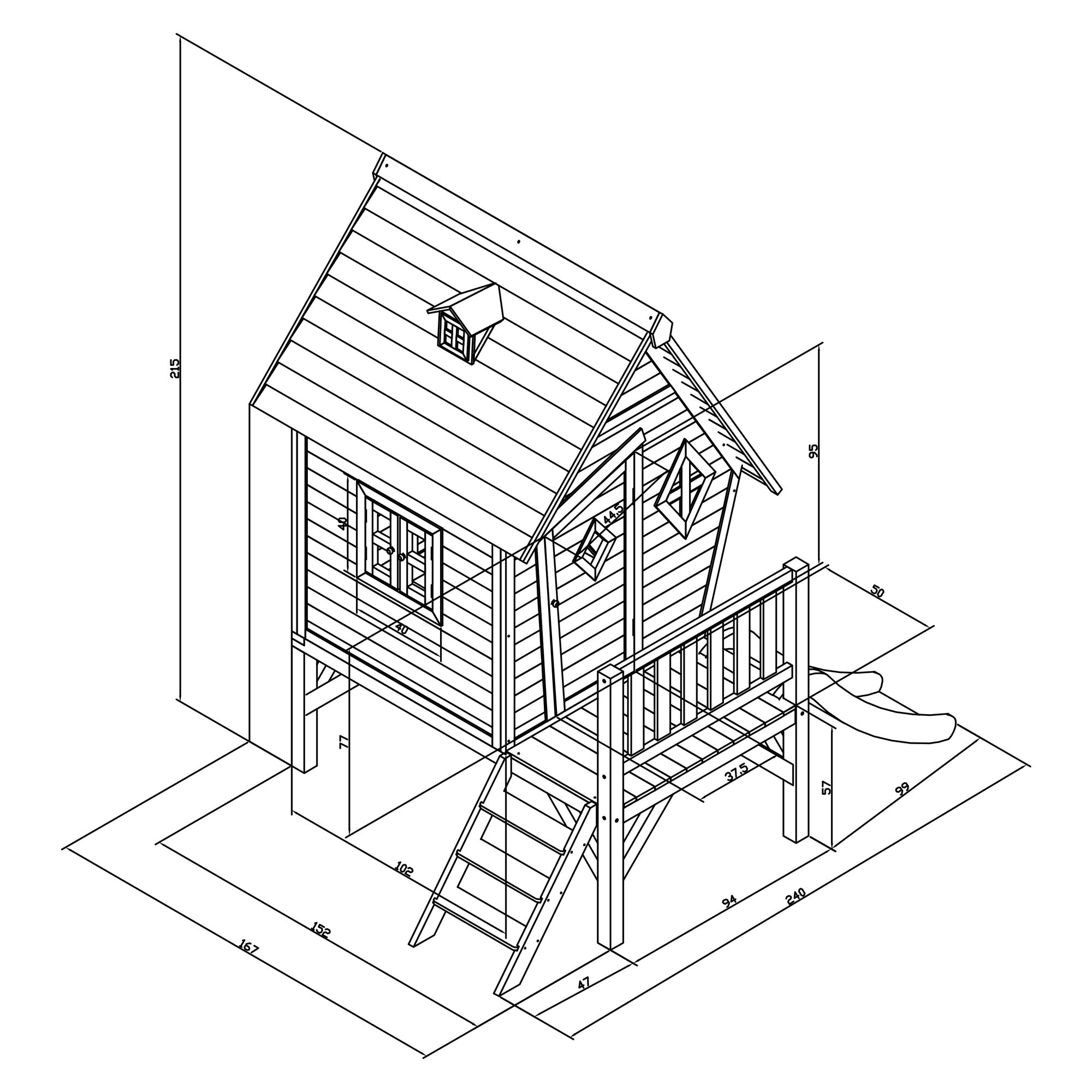 maattekening AXI Cabin XL Speelhuis Grijs/wit - FSC 100% Hout - 57 cm platform - Paarse Glijbaan