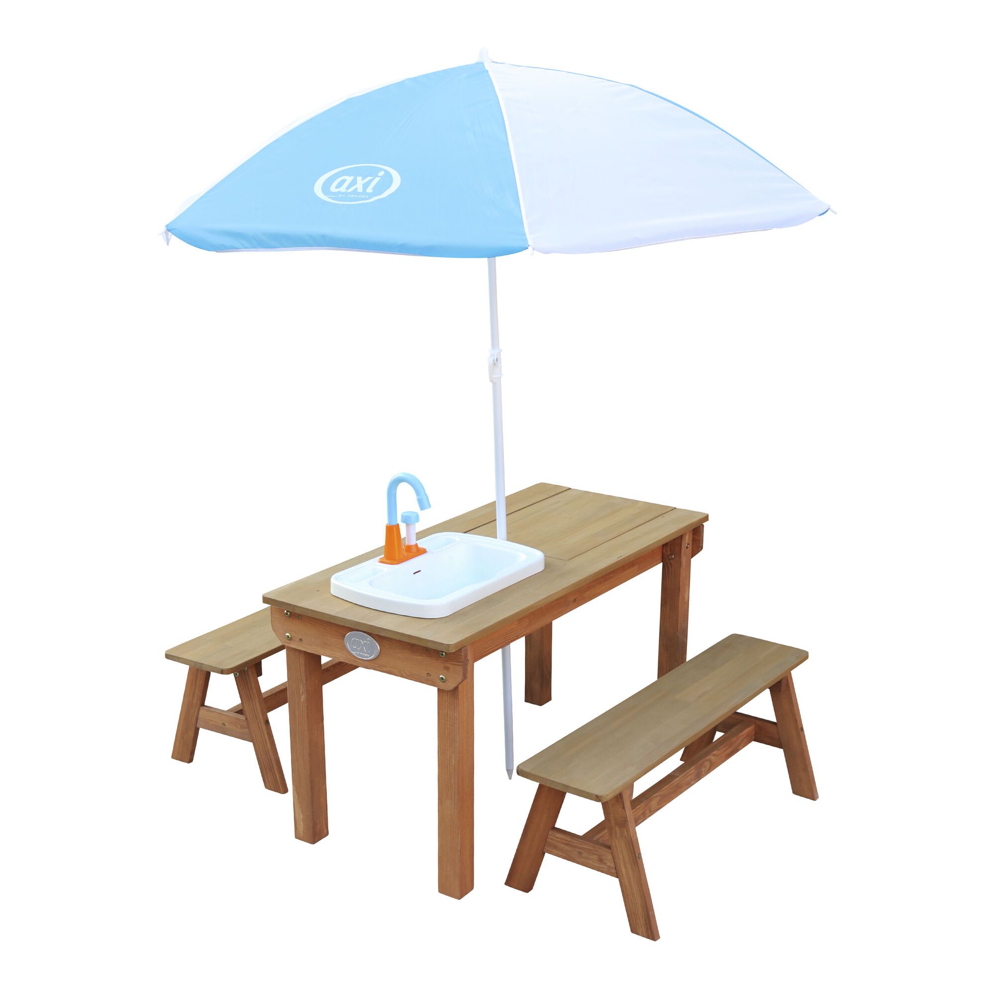 AXI Dennis Sand & Water Picnic Table with Play Kitchen Sink and Benches Brown - Umbrella Blue/White