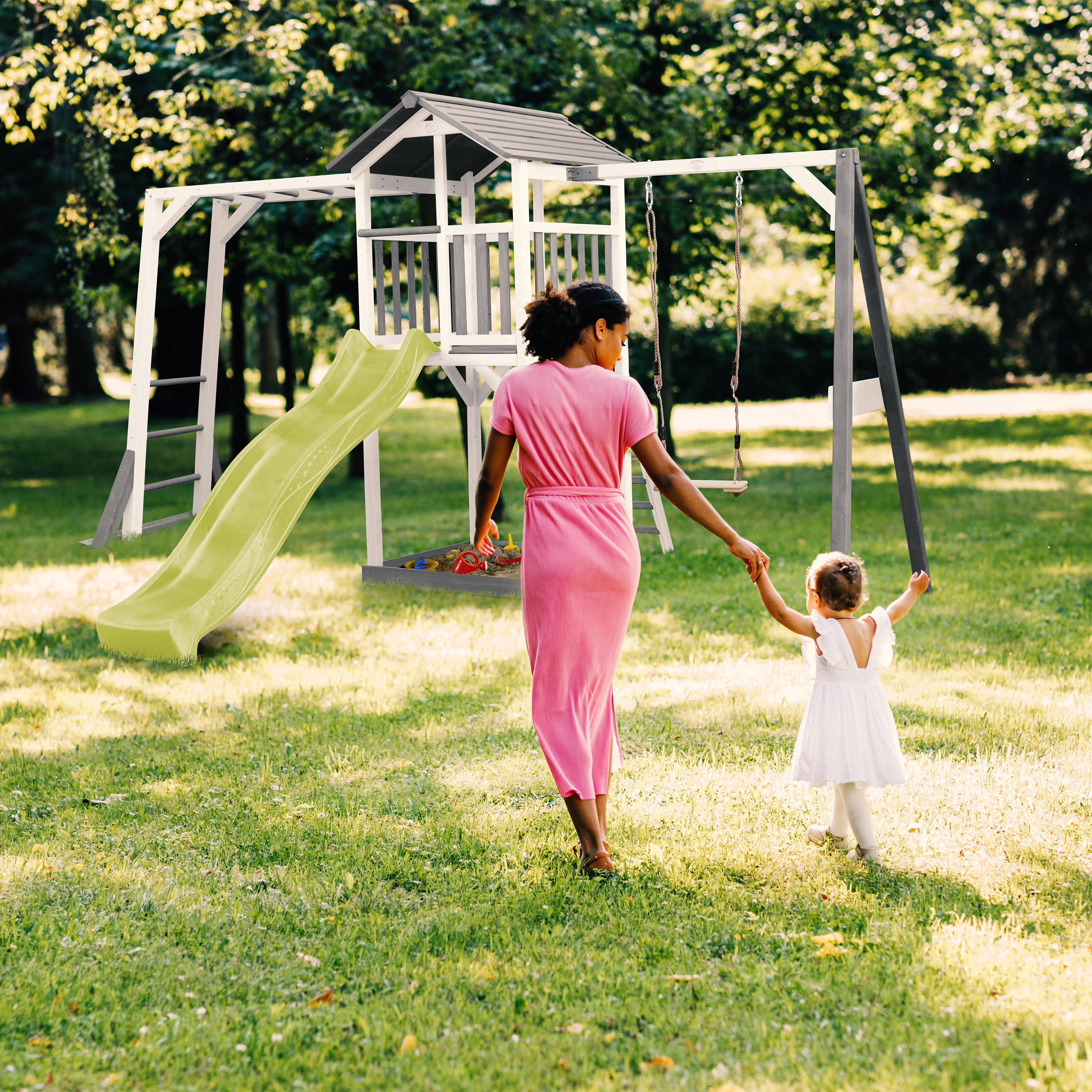 AXI Beach Tower with Climbing Frame and Single Swing Set Grey/White - Lime Green Slide