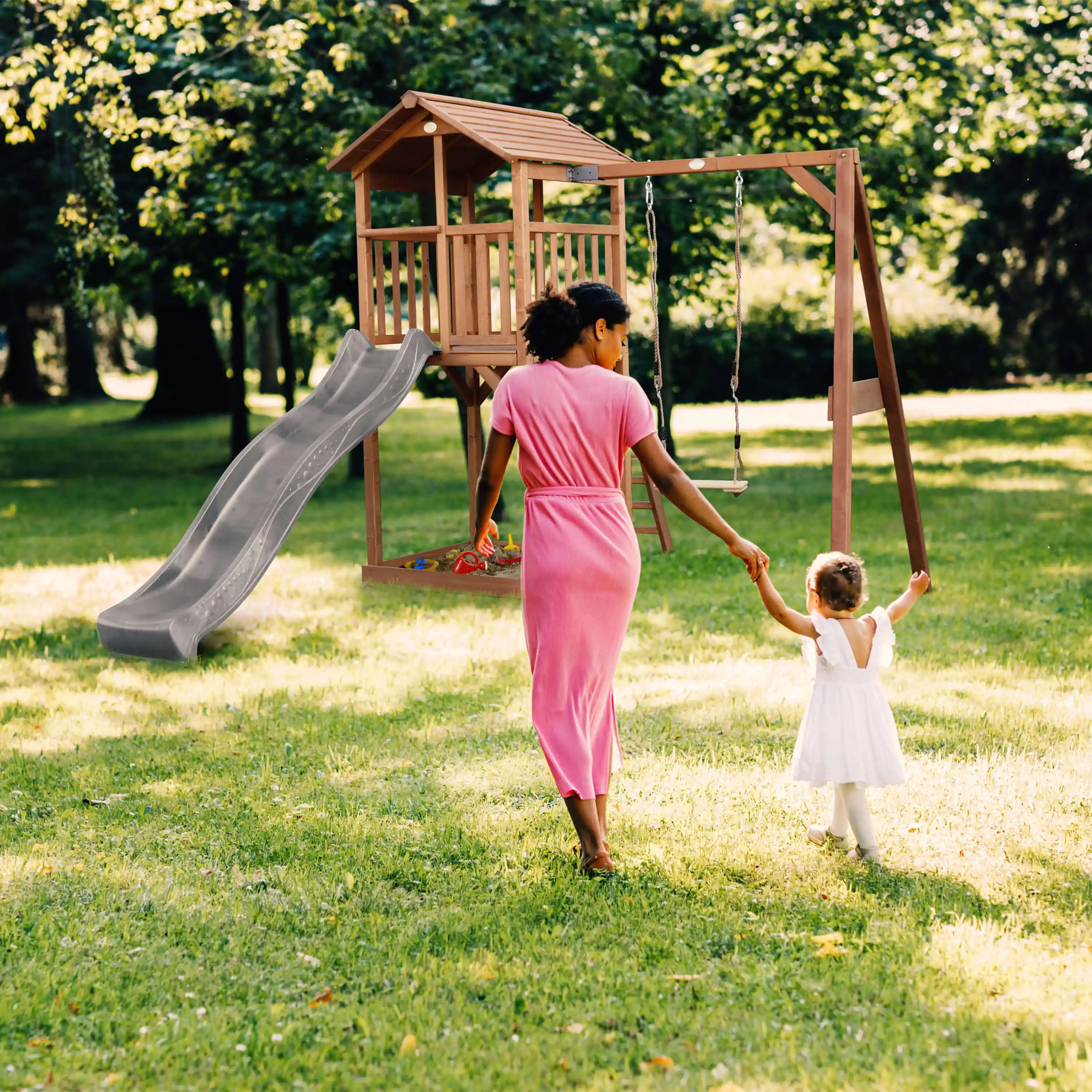 AXI Beach Tower with Single Swing Set Brown - Grey Slide