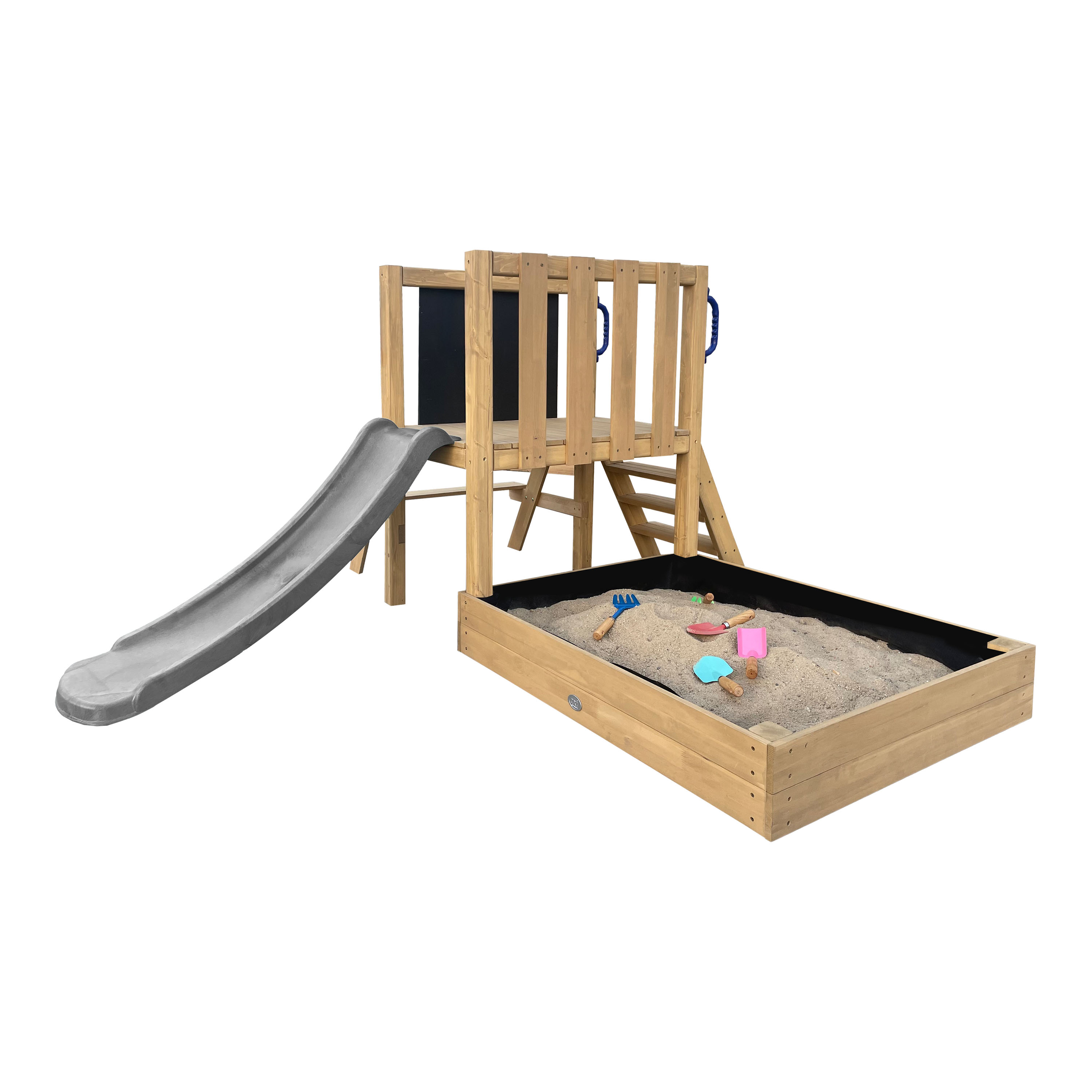 AXI Leah Mini Wooden Playtower with Sandbox, Picnic Table & Chalkboard –  Grey Slide