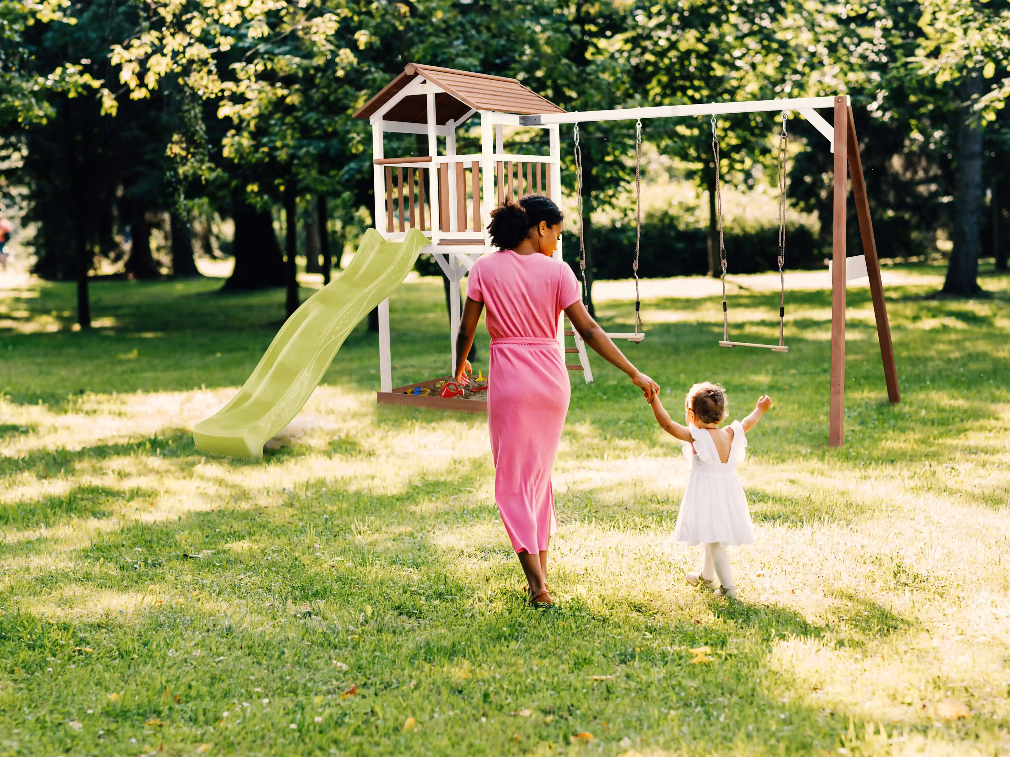 AXI Beach Tower with Double Swing Set Brown/White - Lime Green Slide