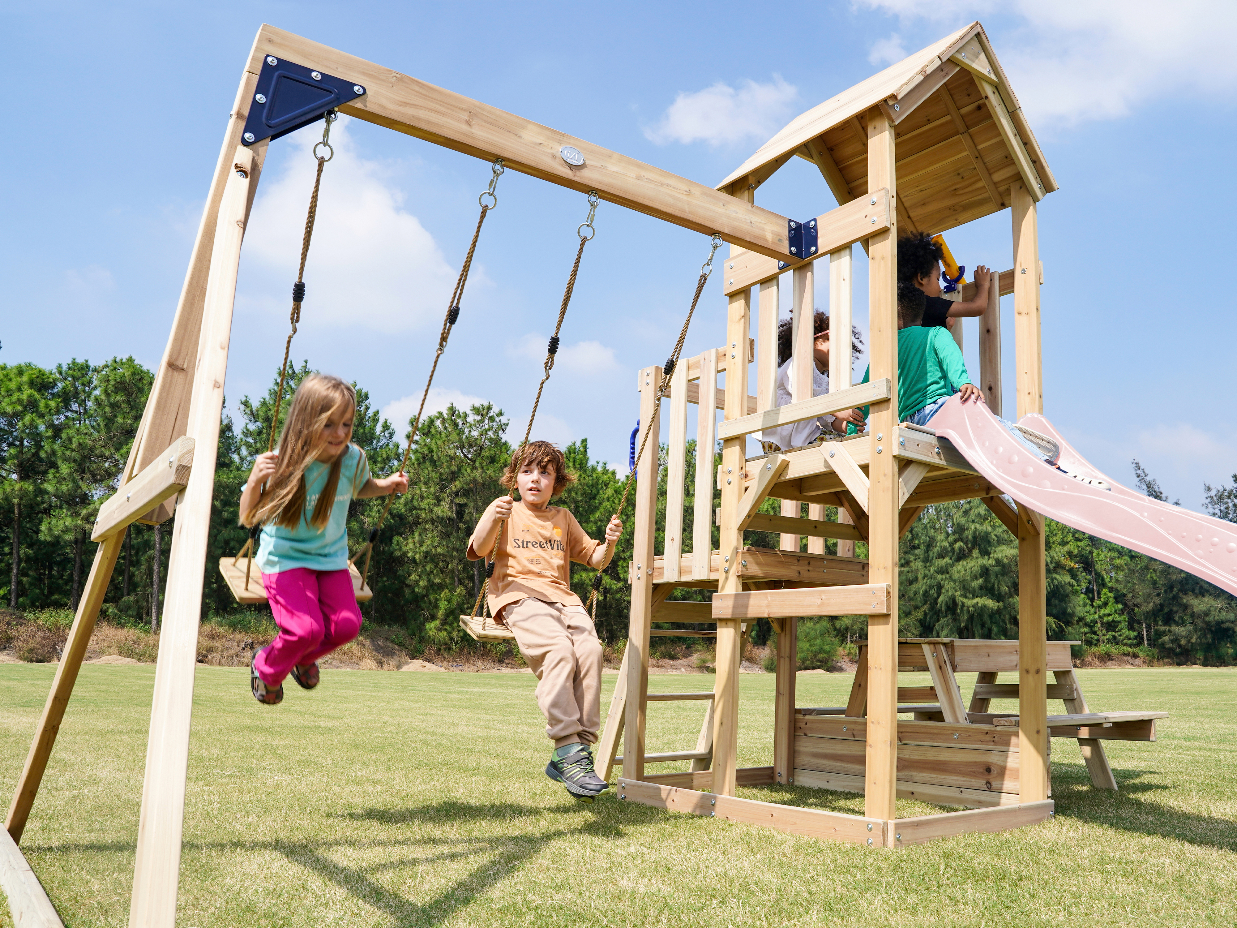 AXI Mette Climbing Frame with Double Swing Set and Picnic Table - Pastel Pink Slide