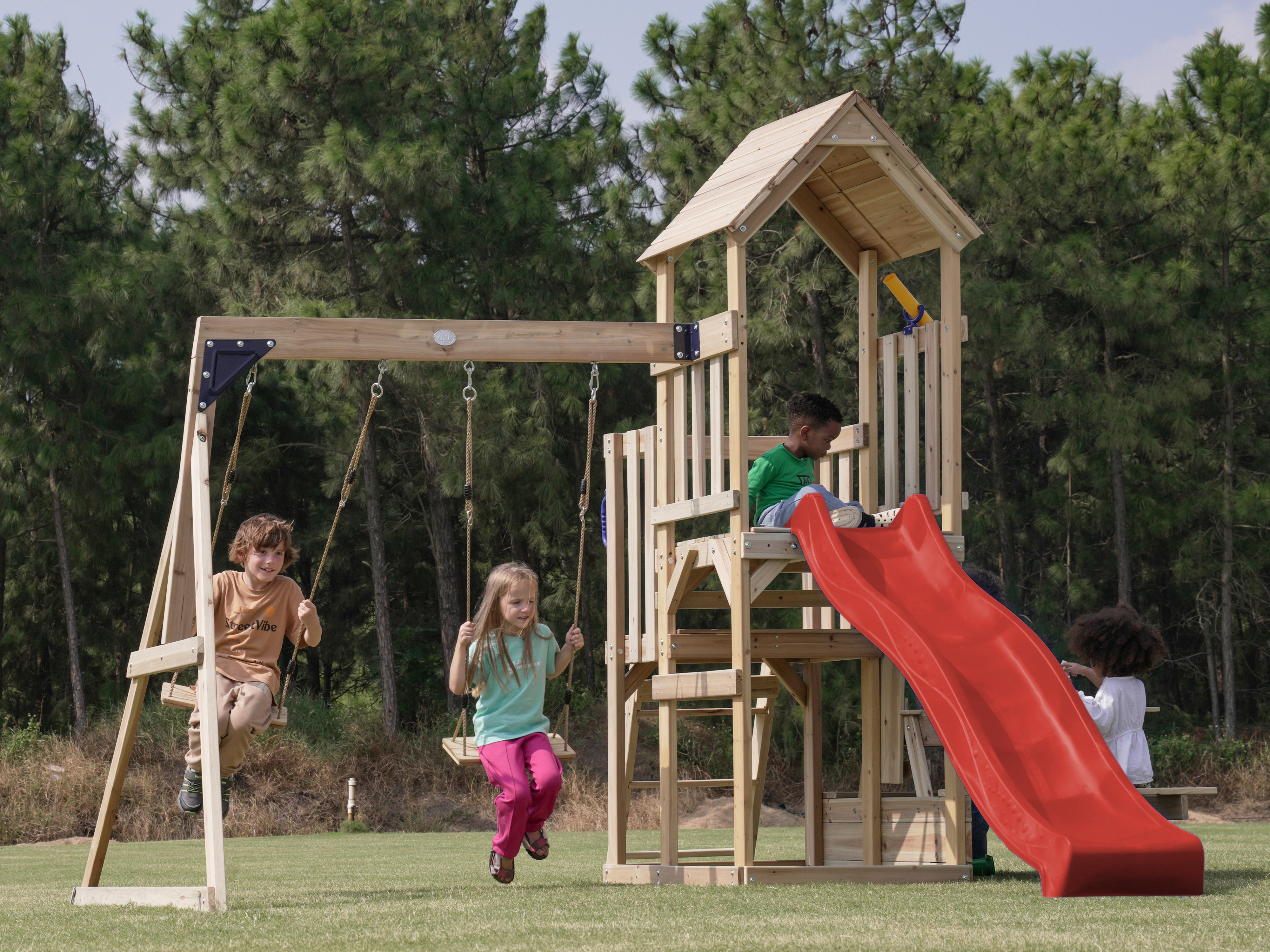 AXI Mette Climbing Frame with Double Swing Set and Picnic Table - Red Slide