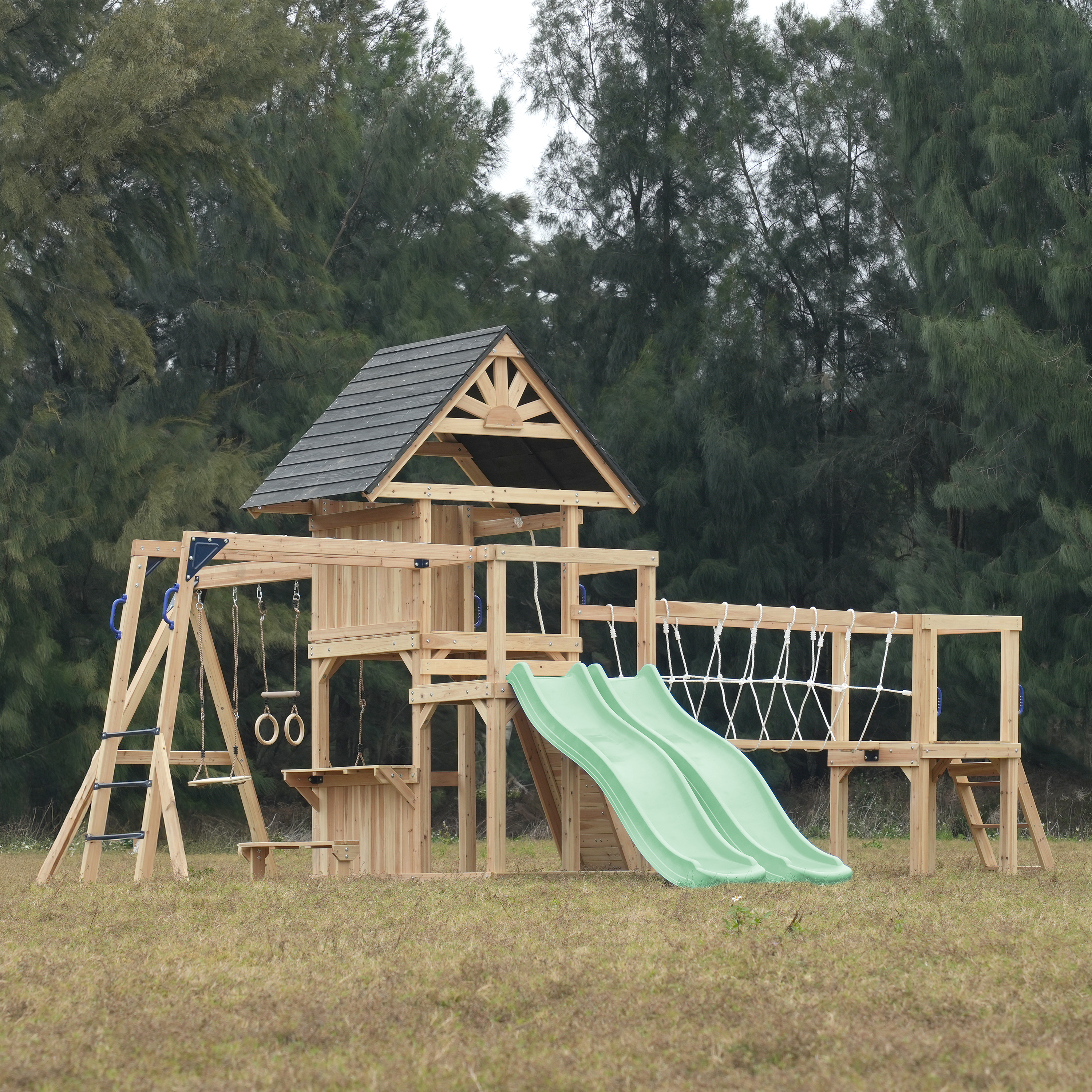 AXI Hunter Climbing Frame with Swings, Climbing Frame, Climbing Bridge and Multiple Platforms – Pastel Green Double Slide