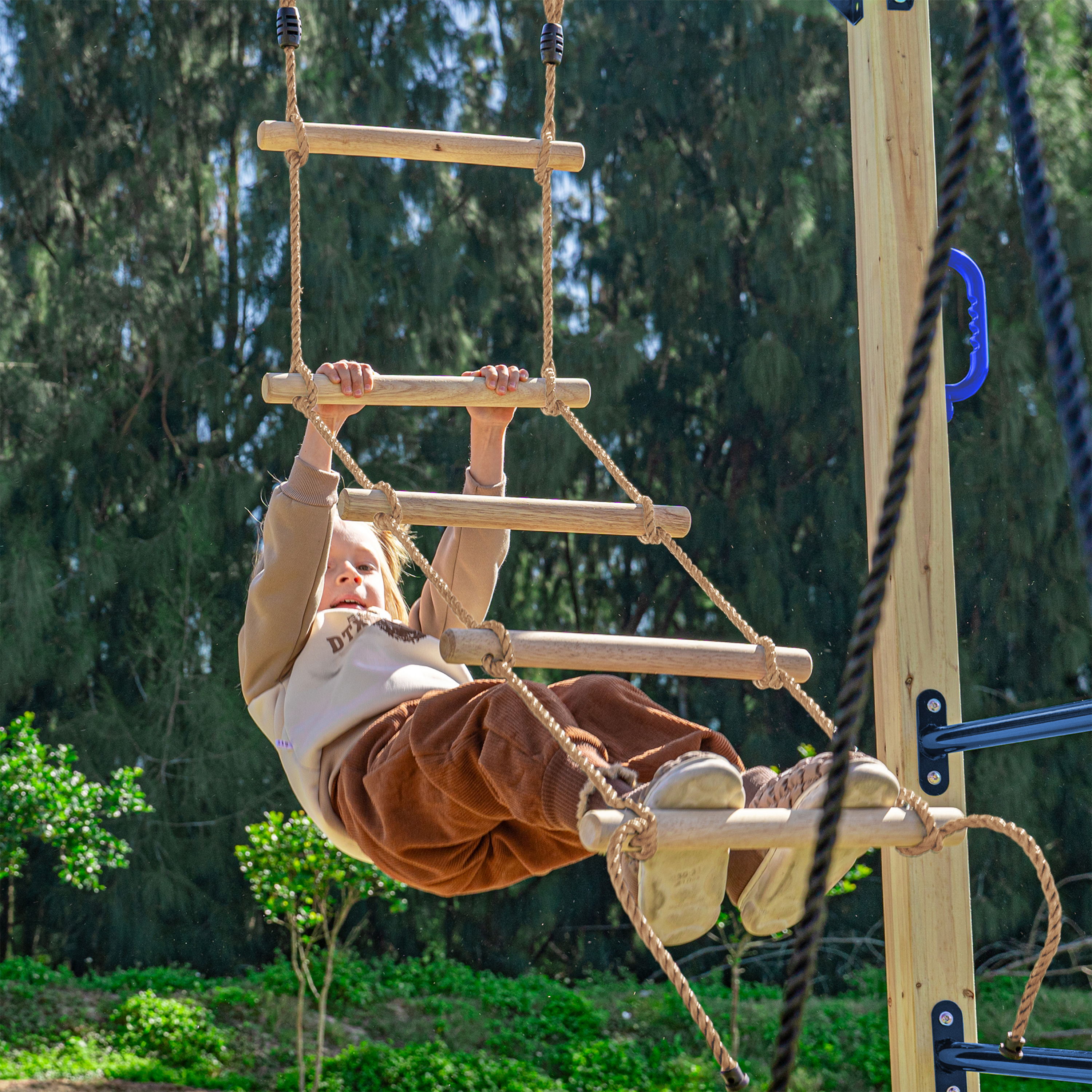 AXI Boris Wooden Playcentre with Swings. Trapeze. Climbing Nets and Monkey Bars – Blue Slide