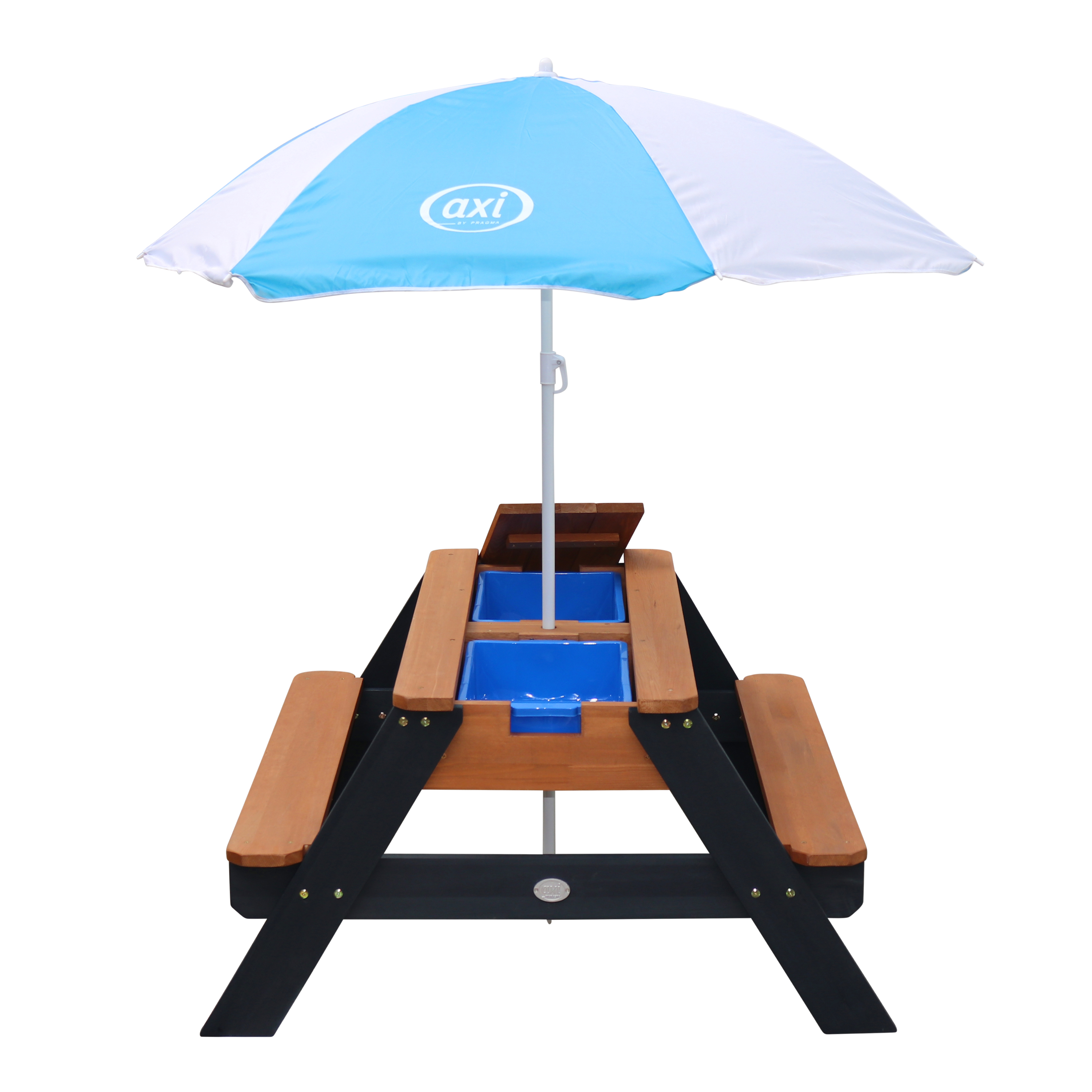 AXI Nick Zand & Water Picknicktafel Antraciet/bruin Limited - Parasol Blauw/wit