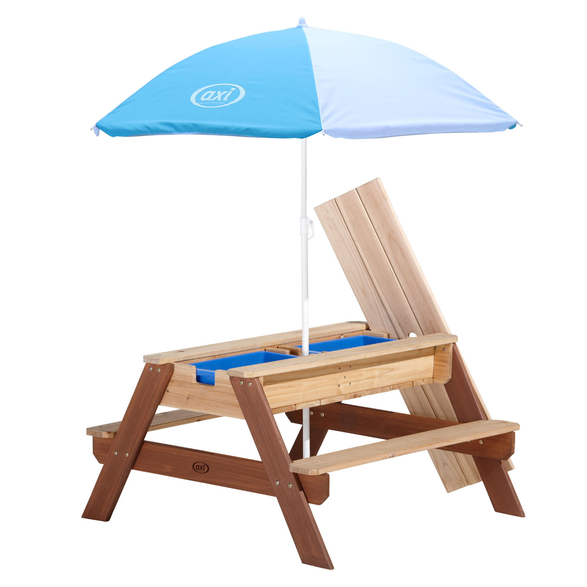 productfoto AXI Nick Zand & Water Picknicktafel Bruin - Parasol Blauw/wit - FSC Hout