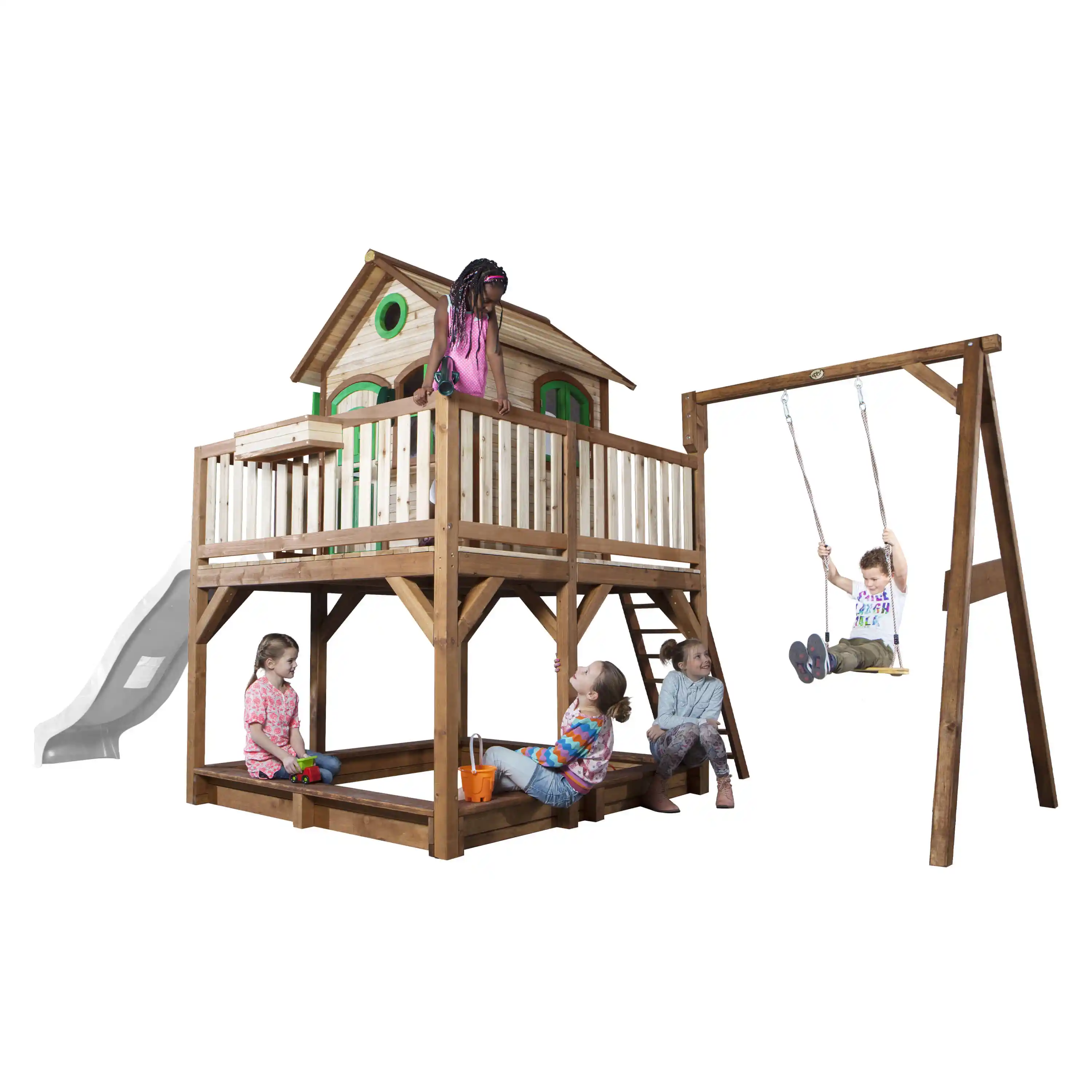 AXI Liam Playhouse with Single Swing Set Brown/Green - White Slide