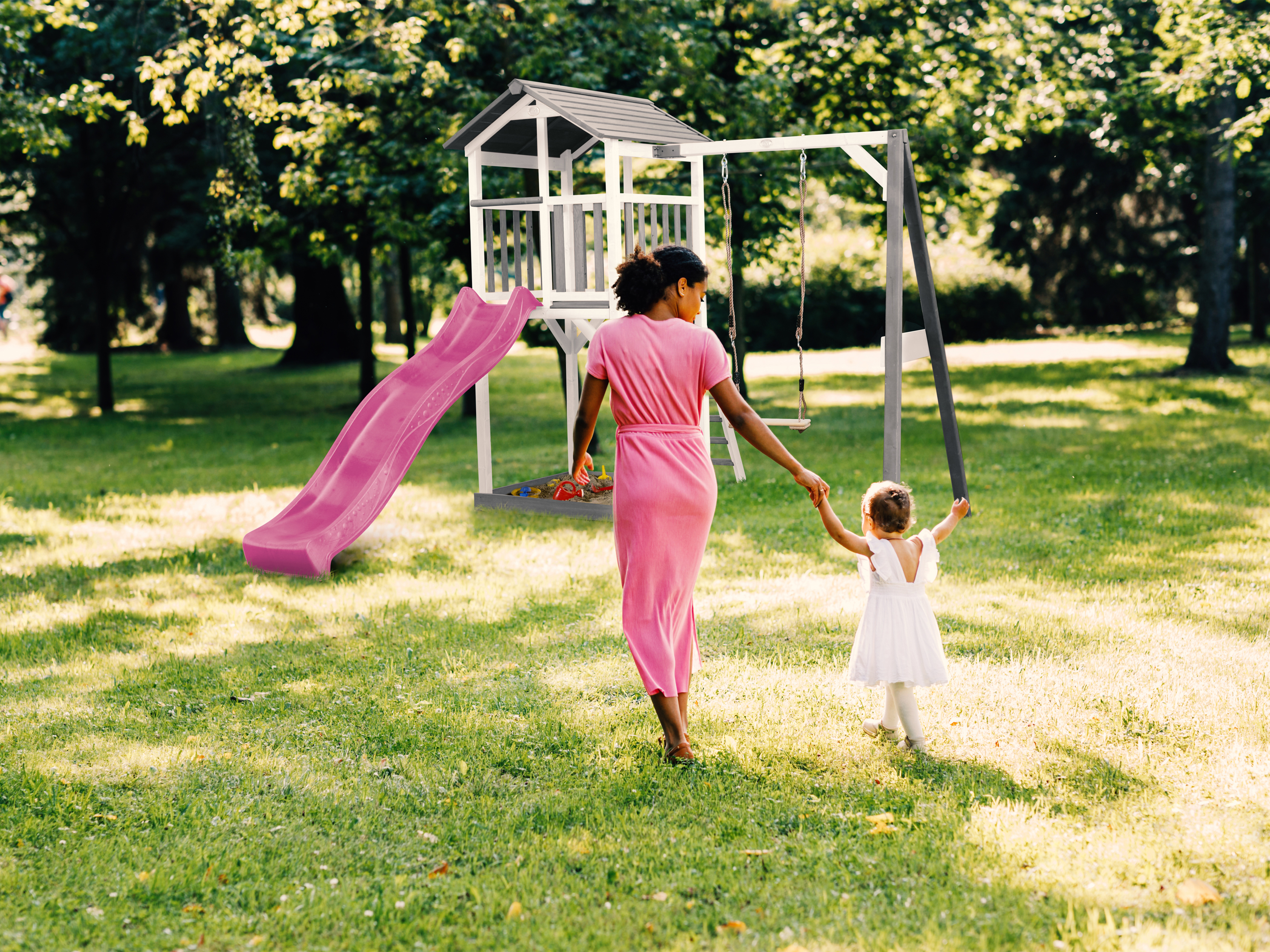 AXI Beach Tower with Single Swing Set Grey/White - Purple Slide