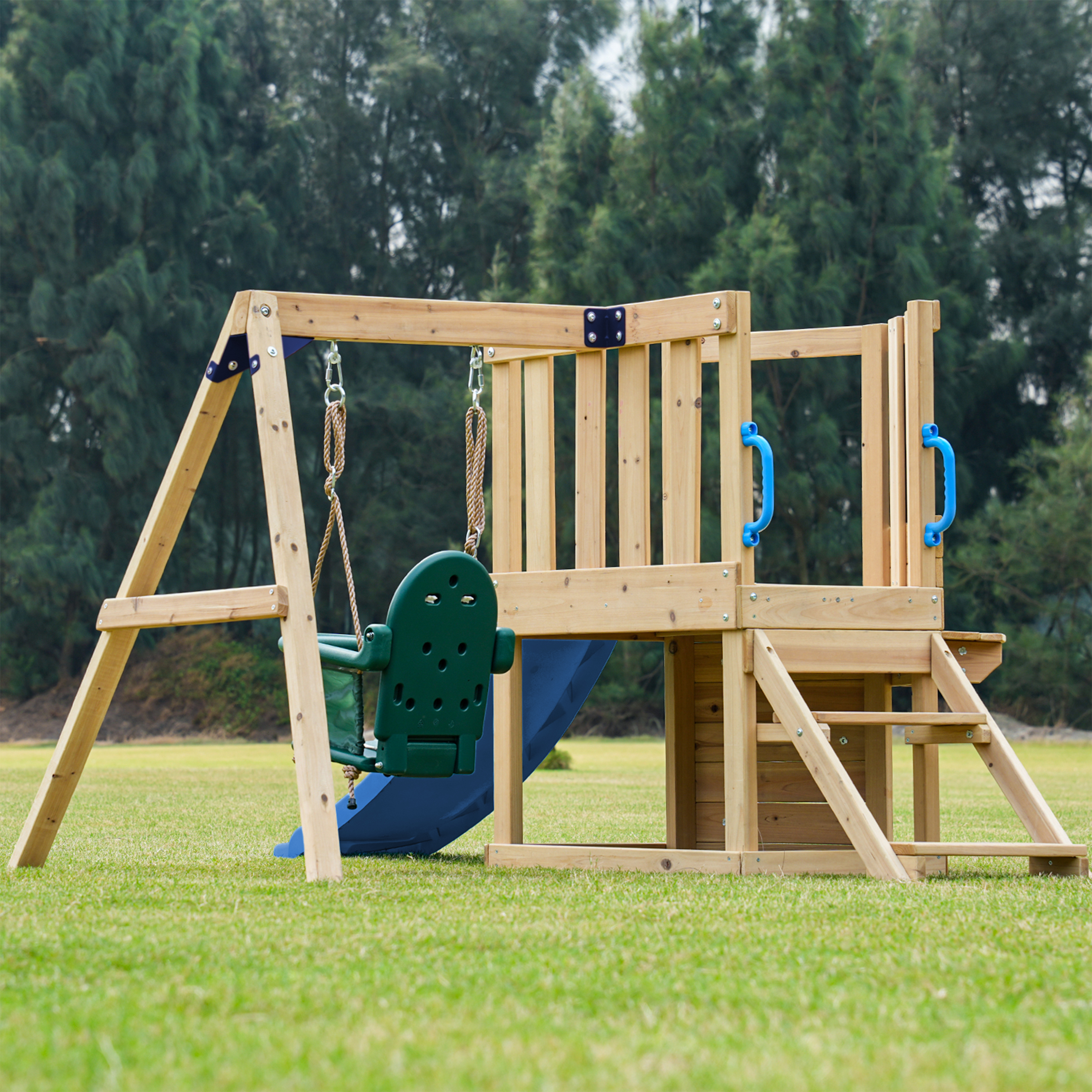 AXI Timo Mini Climbing Frame with Baby Swing. Climbing Wall and Chalkboard – Blue Slide