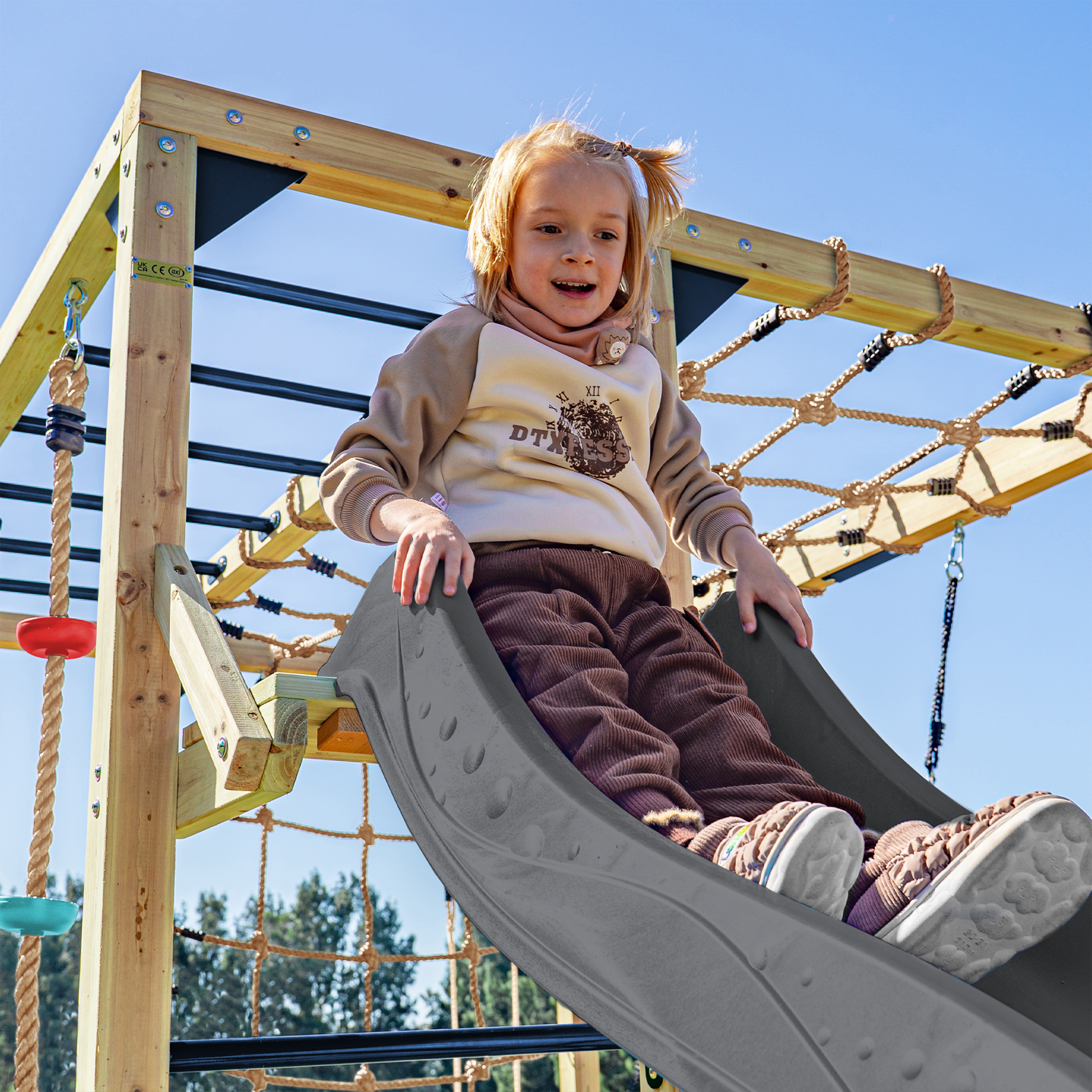 AXI Boris Wooden Playcentre with Swings. Trapeze. Climbing Nets and Monkey Bars – Grey Slide