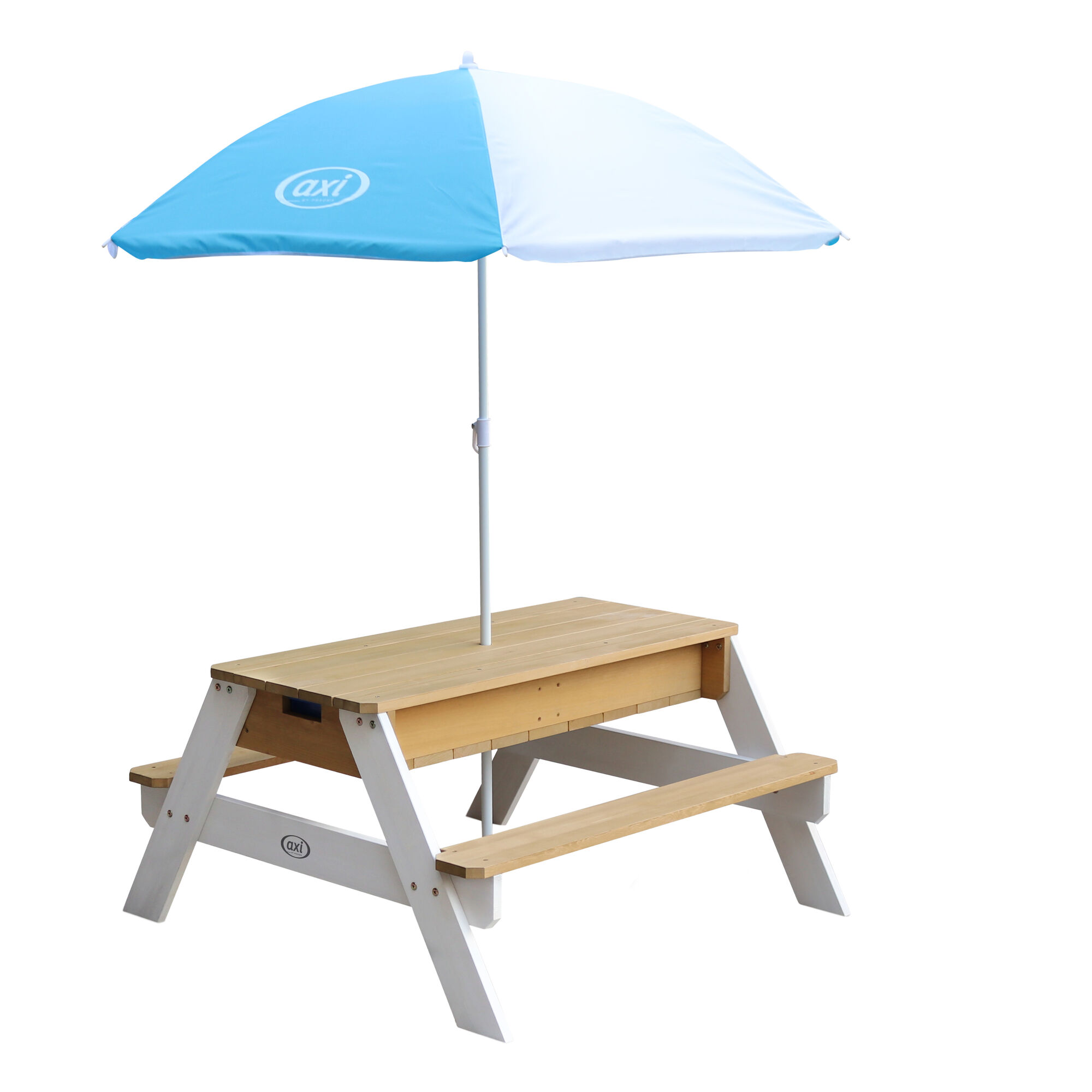 productfoto AXI Nick Zand & Water Picknicktafel Bruin/wit - Incl. hoogte verstelbare Parasol - FSC 100% Hout