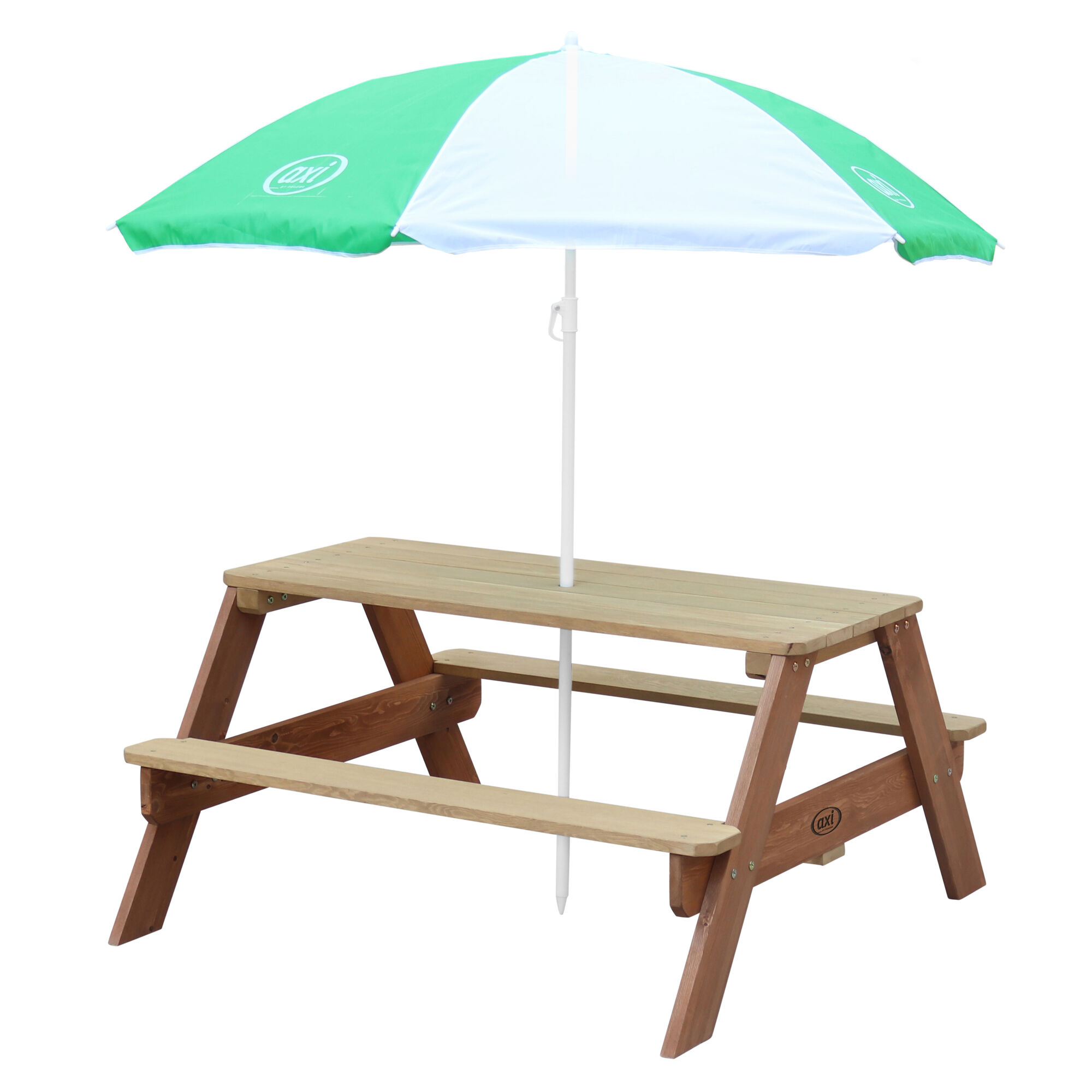 productfoto AXI Nick Picknicktafel Bruin - Parasol Groen/wit