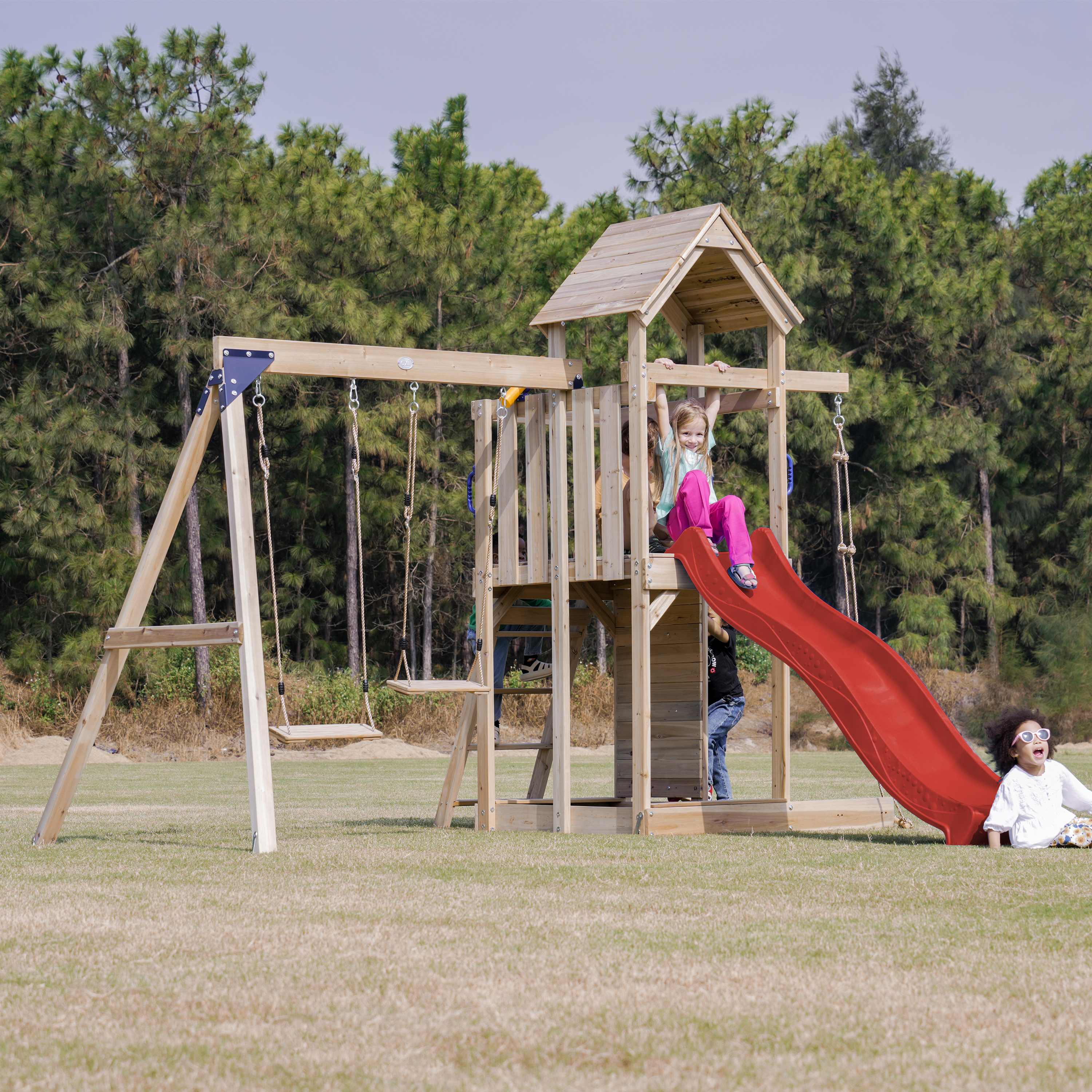 AXI Moos Climbing Frame with Double Swing Set - Red Slide