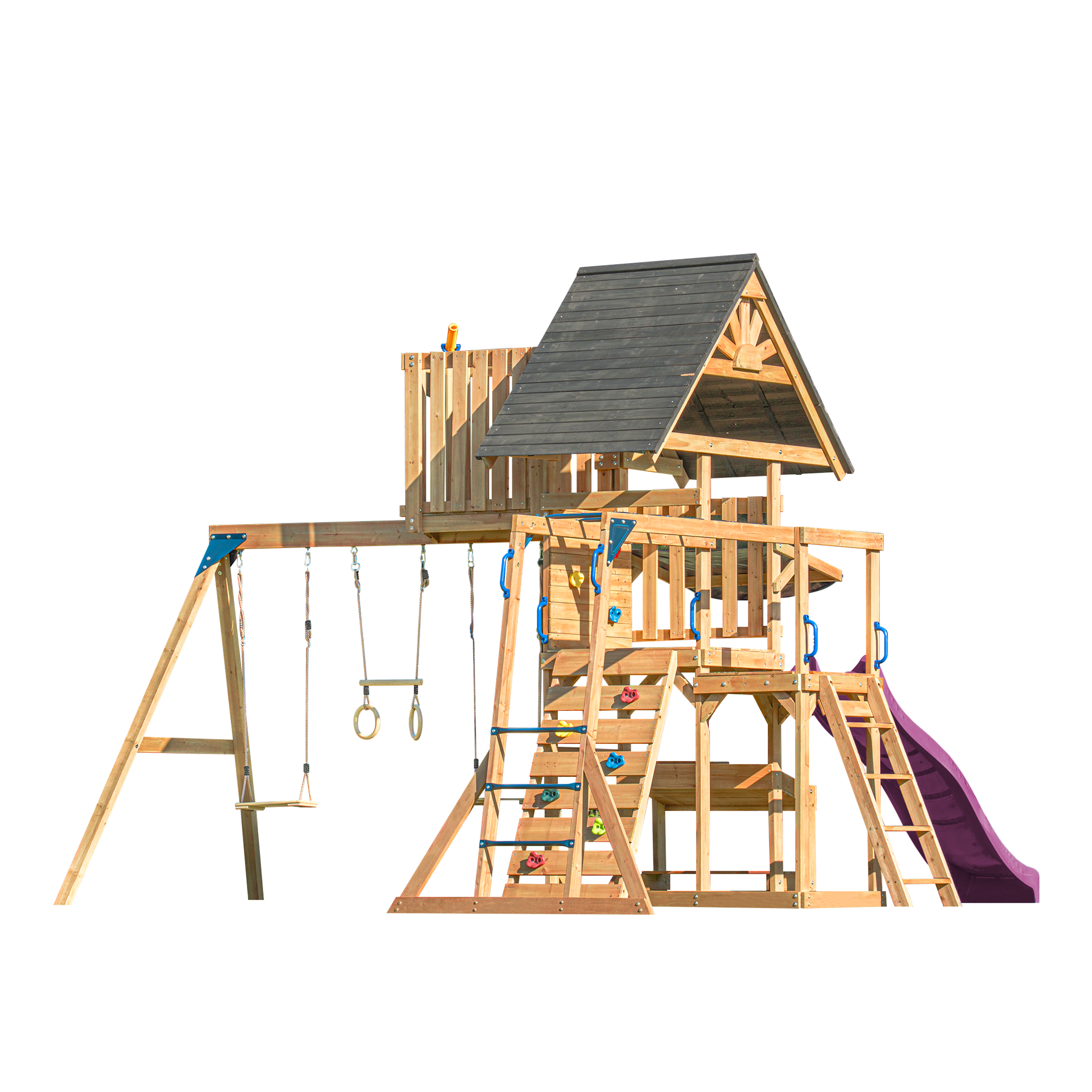 AXI Mitch Climbing Frame with Double Swing. Trapeze and Lookout Tower – Purple Slide