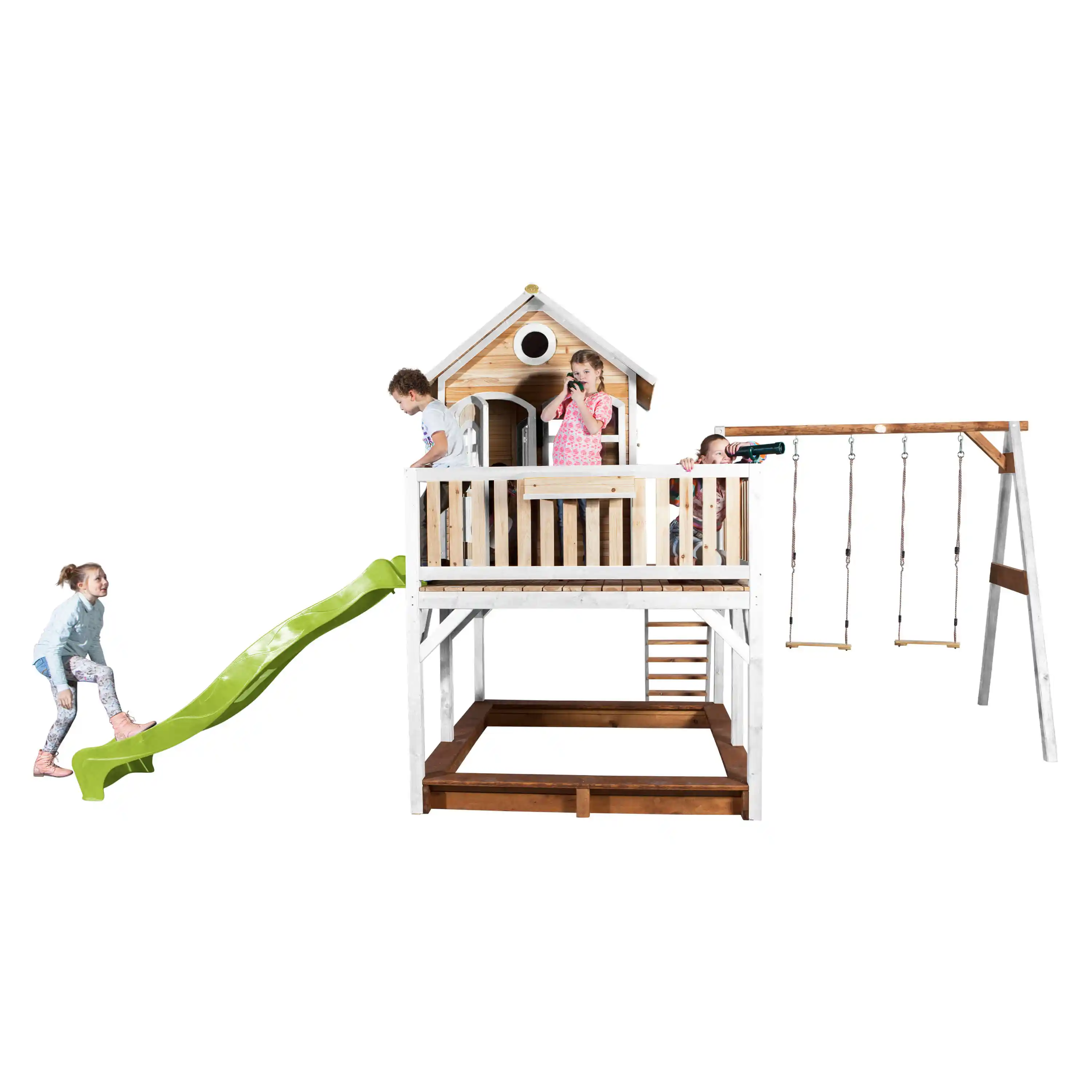 AXI Liam Playhouse with Double Swing Set Brown/White - Lime Green Slide