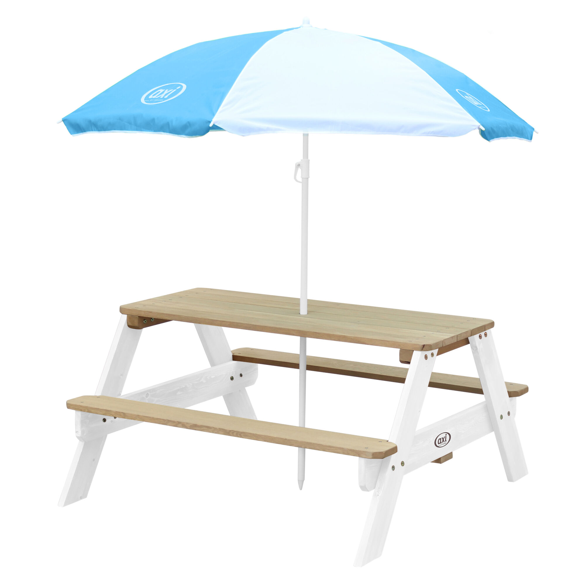 productfoto AXI Nick Picknicktafel Bruin/wit - Parasol Blauw/wit