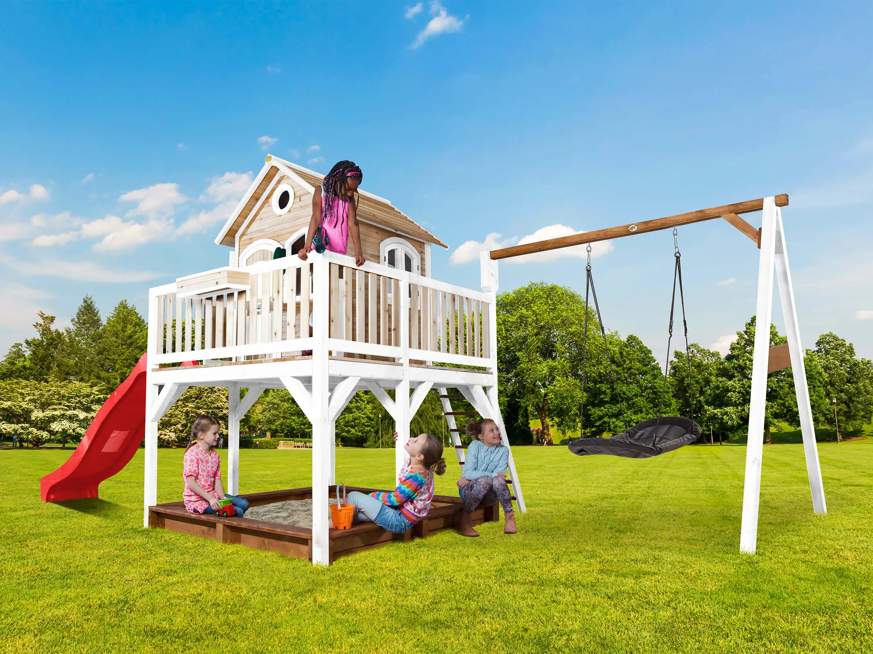 AXI Liam Playhouse with Roxy Nest Swing Set Brown/White - Red Slide