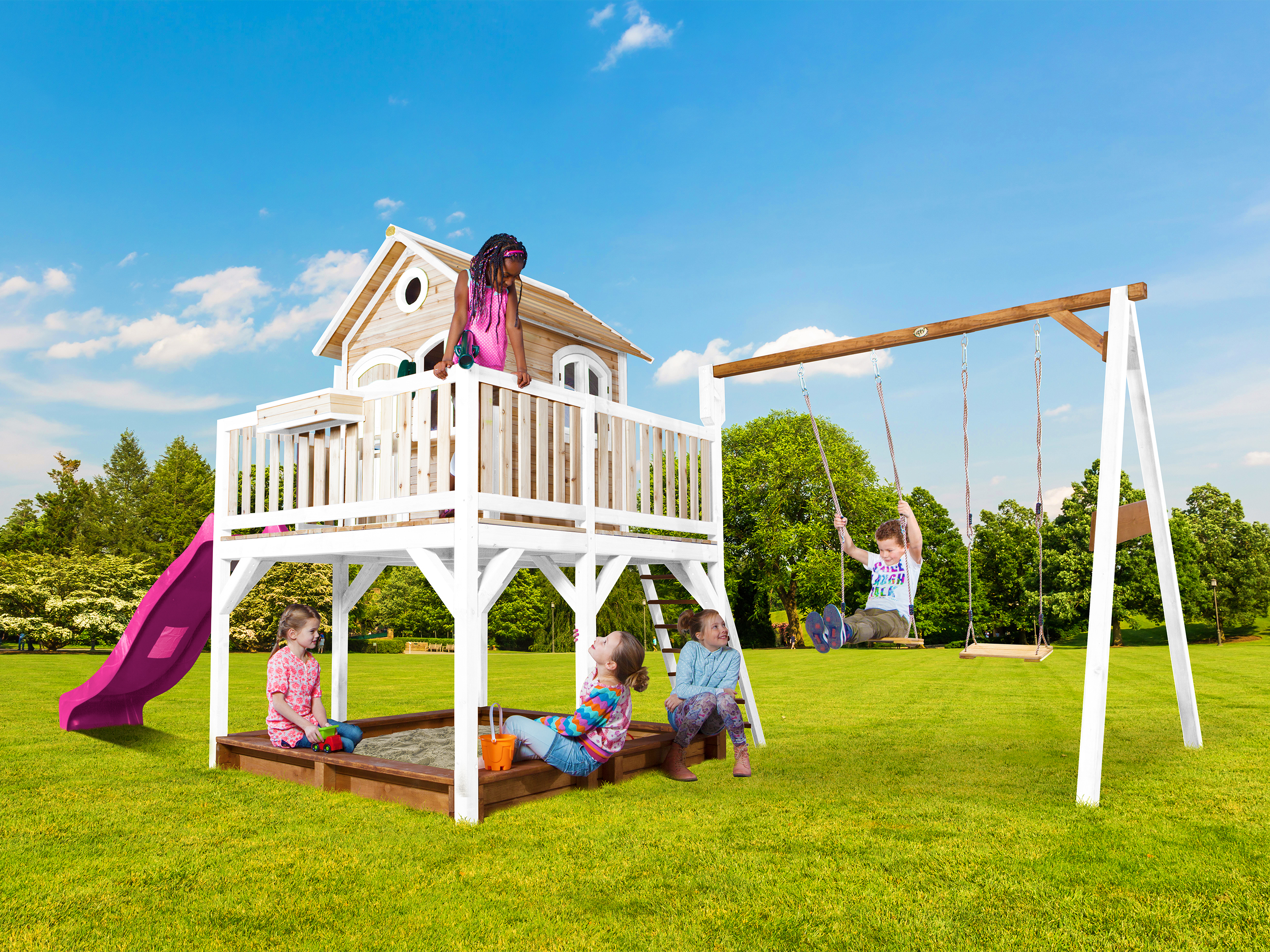 AXI Liam Playhouse with Double Swing Set Brown/White - Purple Slide
