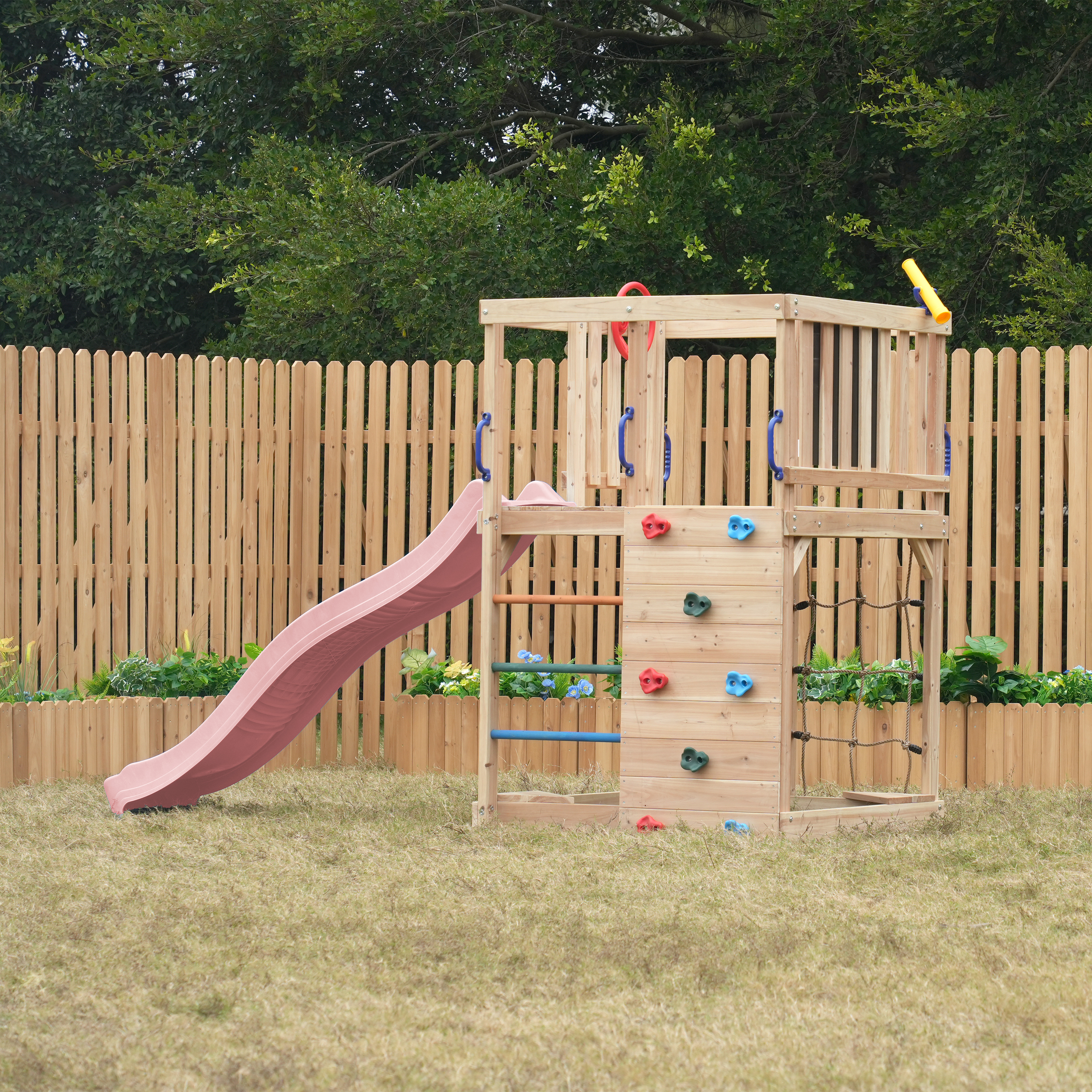 AXI Sam Climbing Frame with Climbing Wall, Climbing Net and Monkey Bars – Pastel Pink Slide