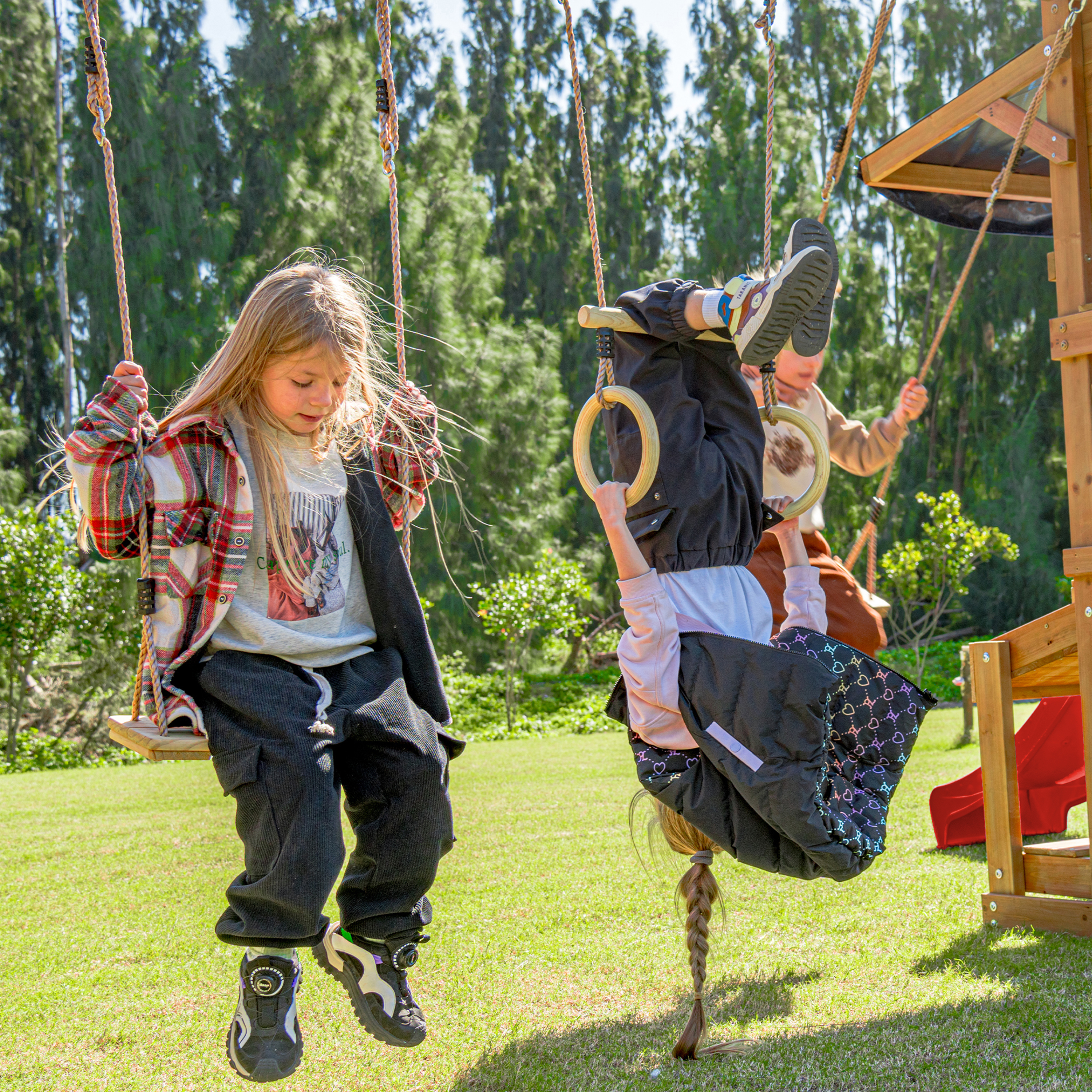 AXI Mitch Climbing Frame with Double Swing, Trapeze and Lookout Tower – Red Slide