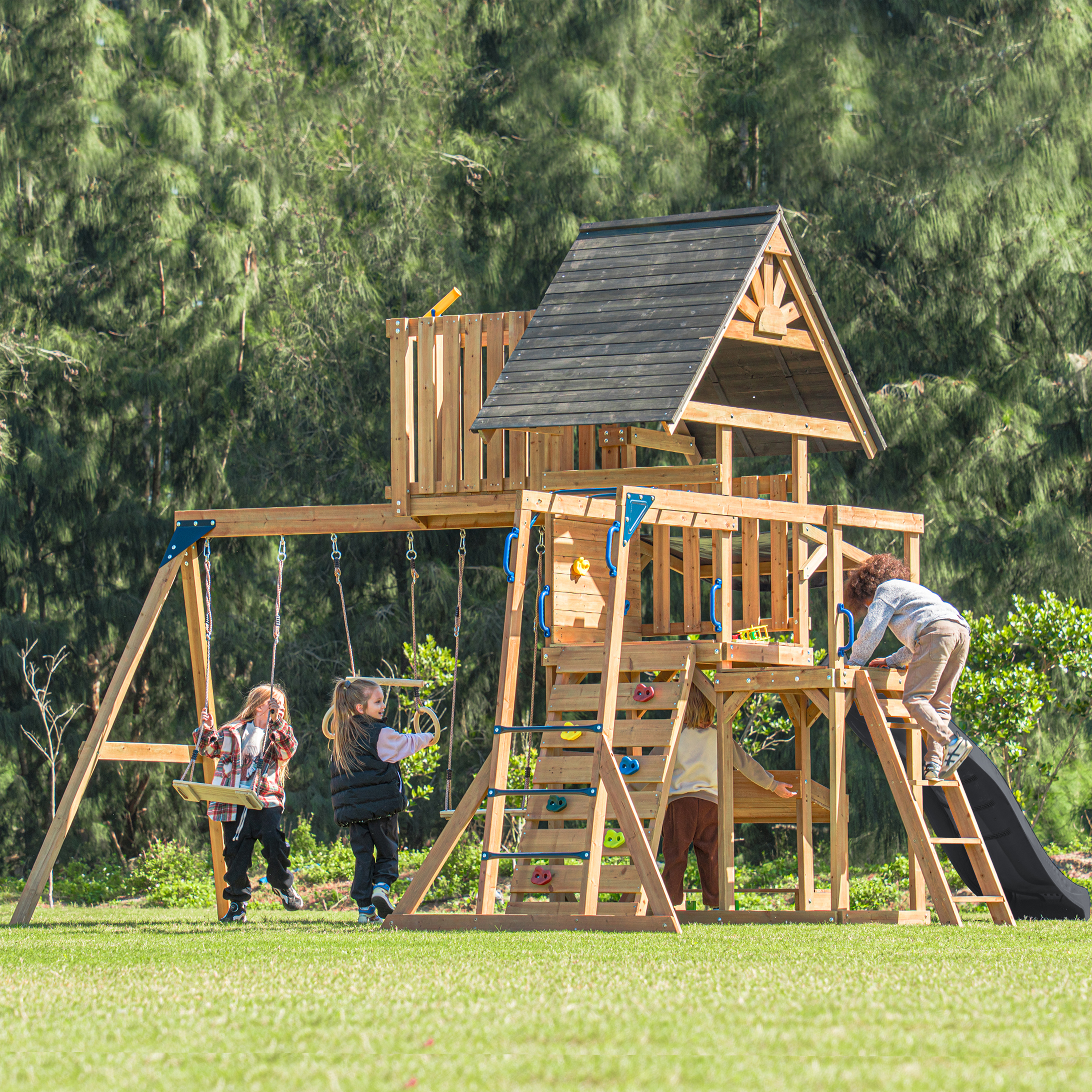 AXI Mitch Climbing Frame with Double Swing, Trapeze and Lookout Tower – Grey Slide