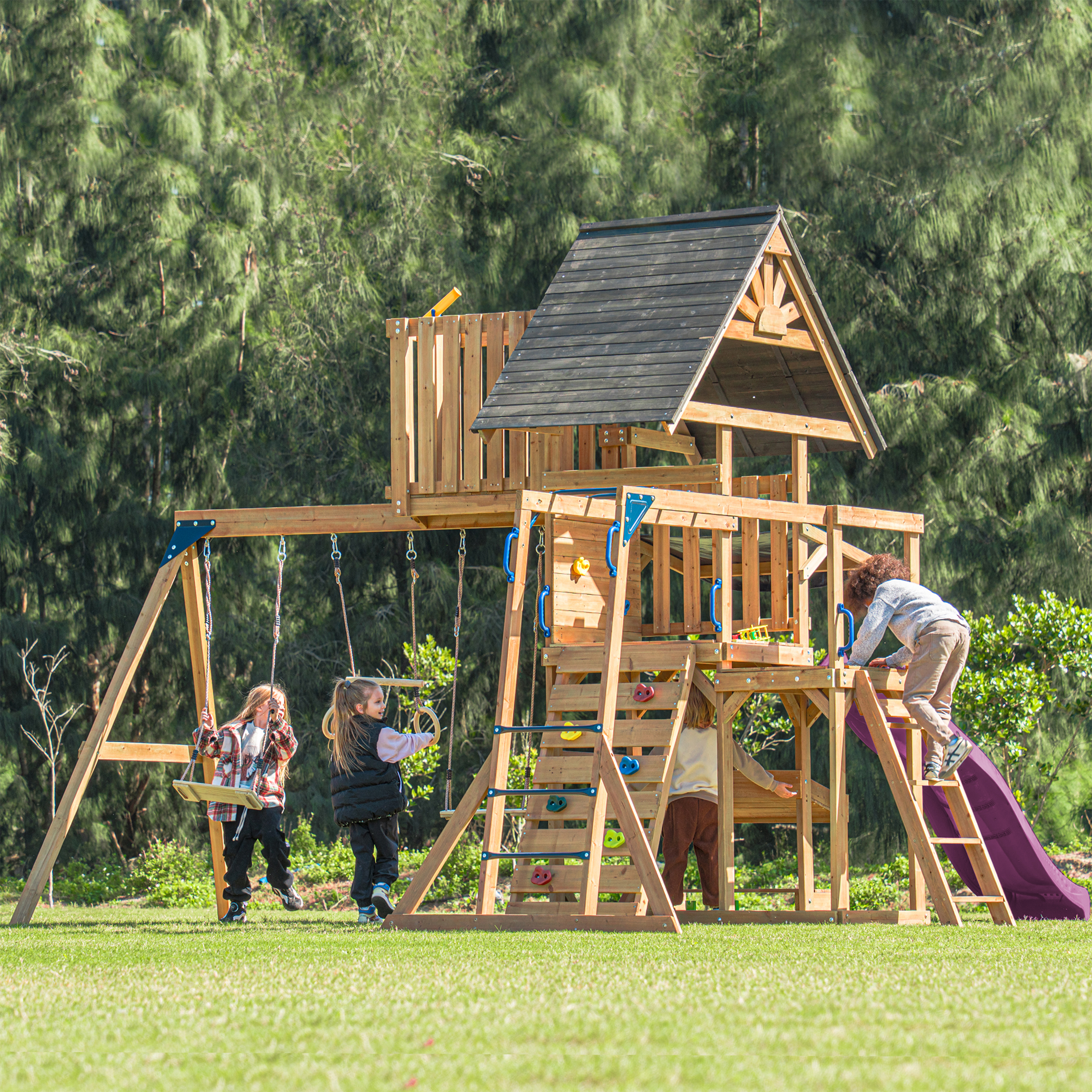 AXI Mitch Climbing Frame with Double Swing. Trapeze and Lookout Tower – Purple Slide