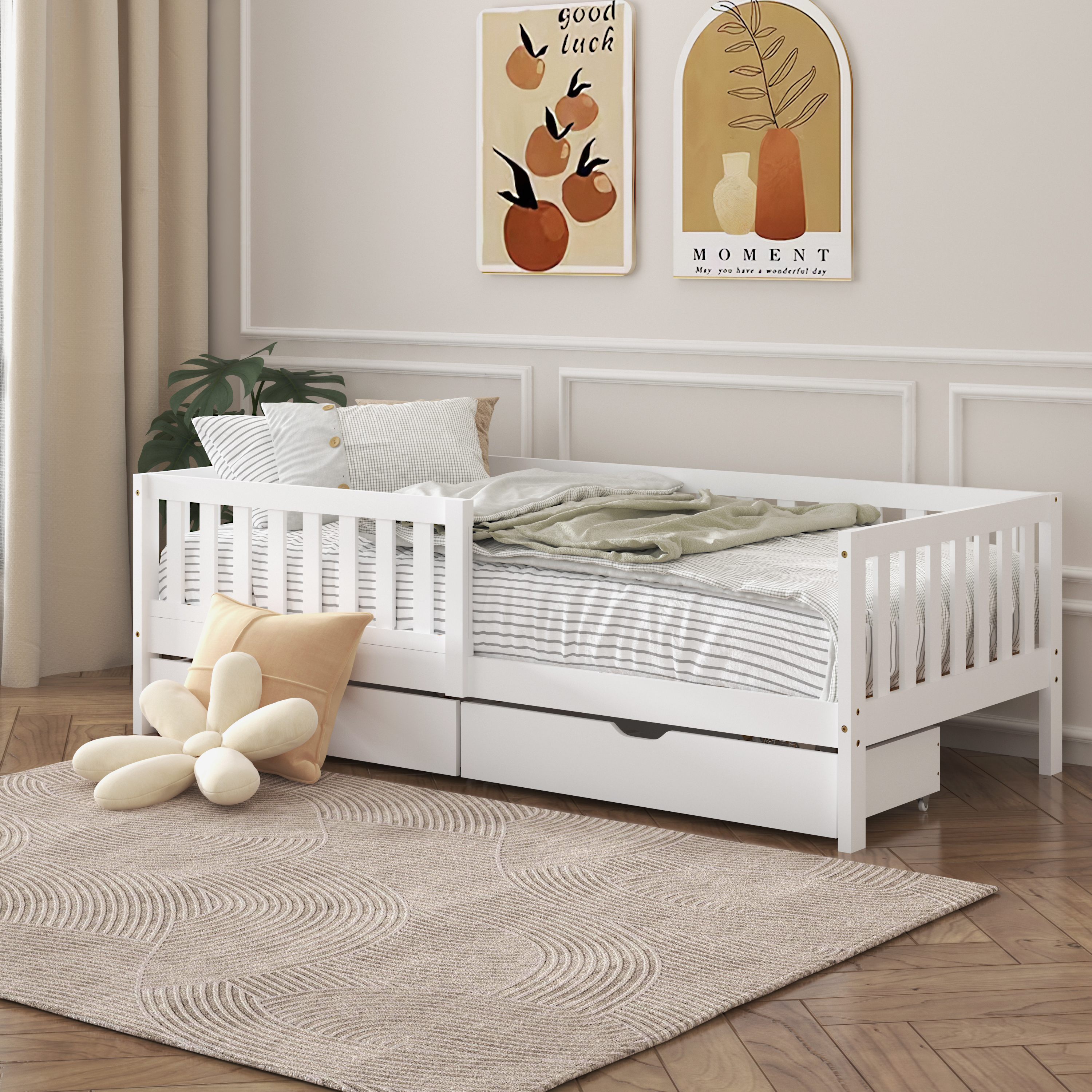 Sunny Isa Kids Bed with 2 Storage Drawers and Guardrail White – With Mattress
