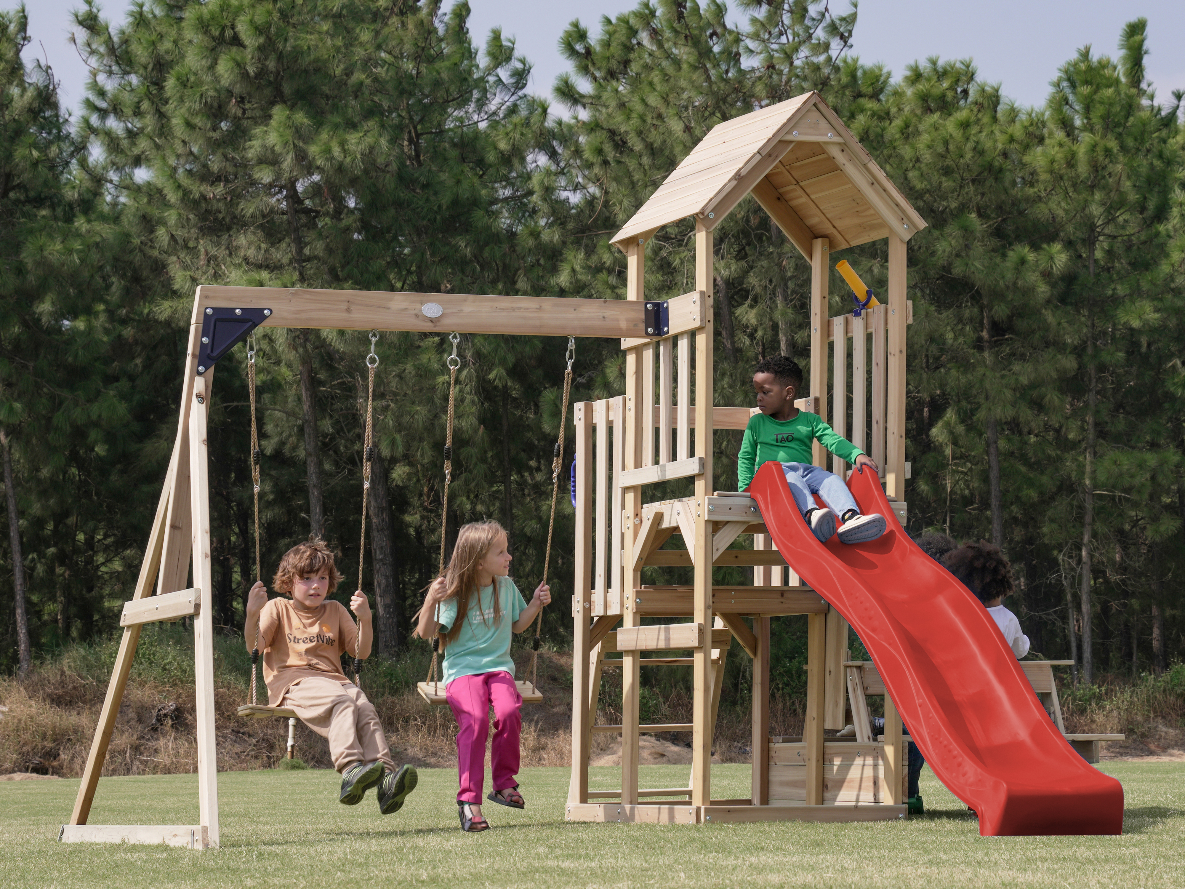 AXI Mette Climbing Frame with Double Swing Set and Picnic Table - Red Slide