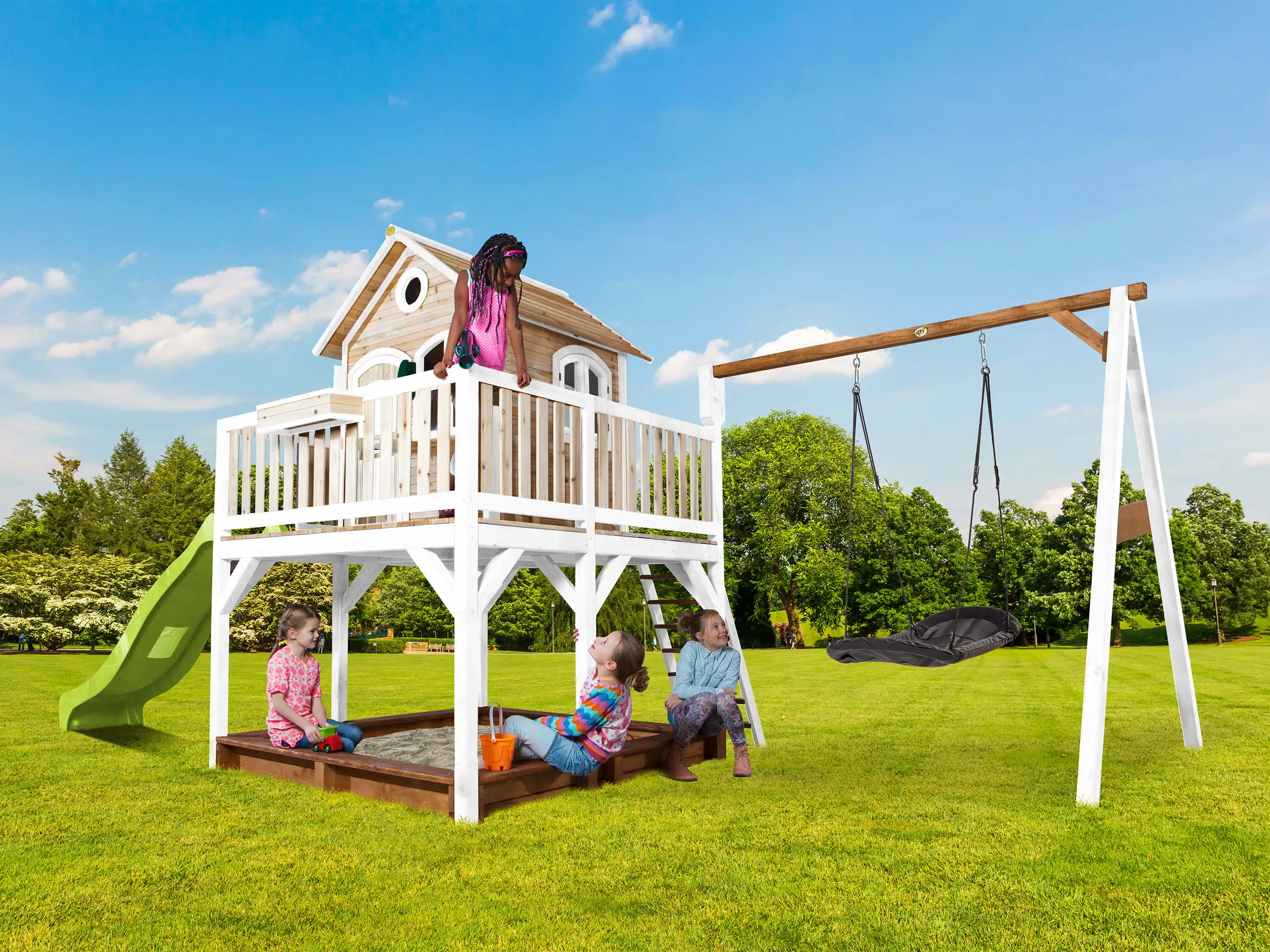 AXI Liam Playhouse with Roxy Nest Swing Set Brown/White - Lime Green Slide