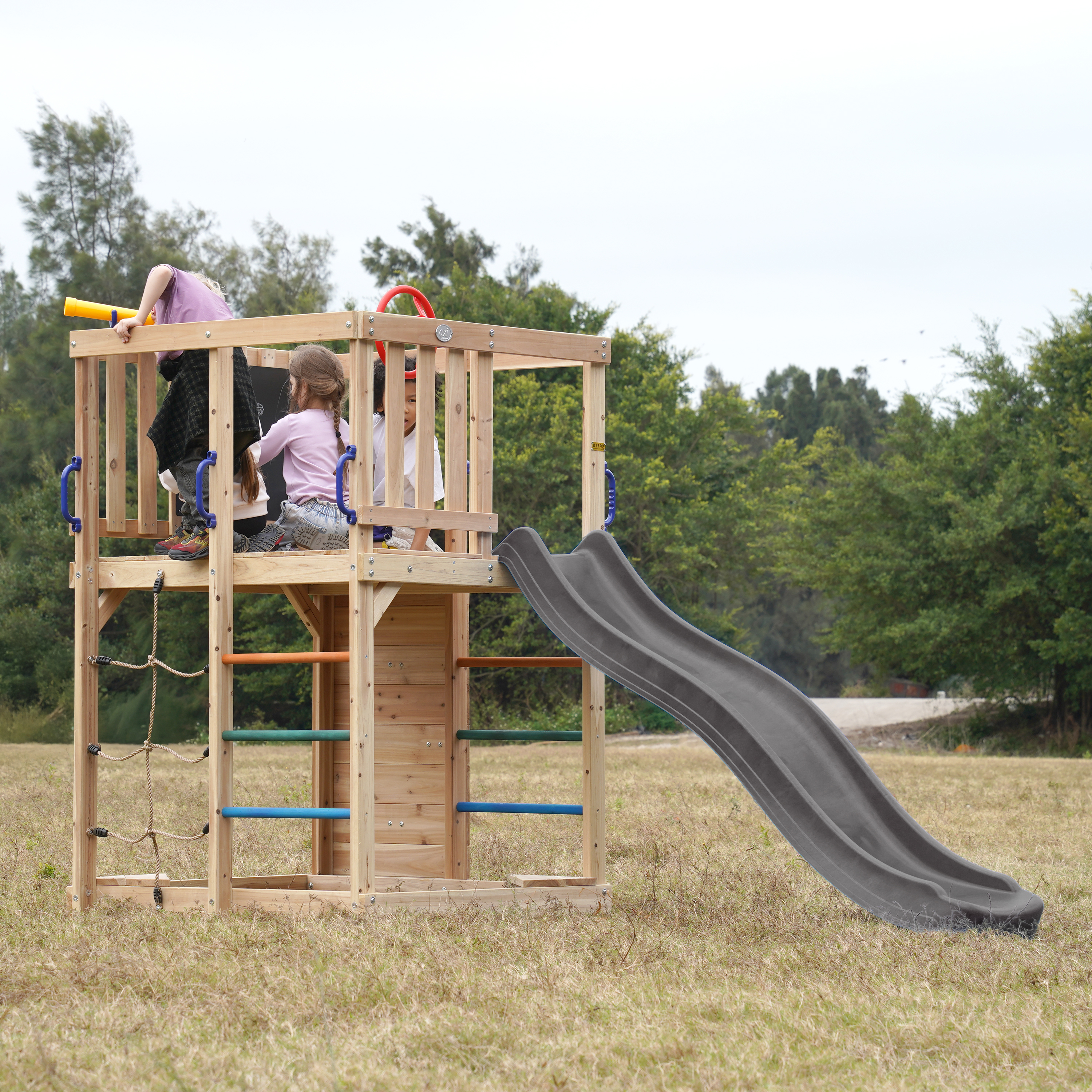 AXI Sam Climbing Frame with Climbing Wall, Climbing Net and Monkey Bars – Grey Slide