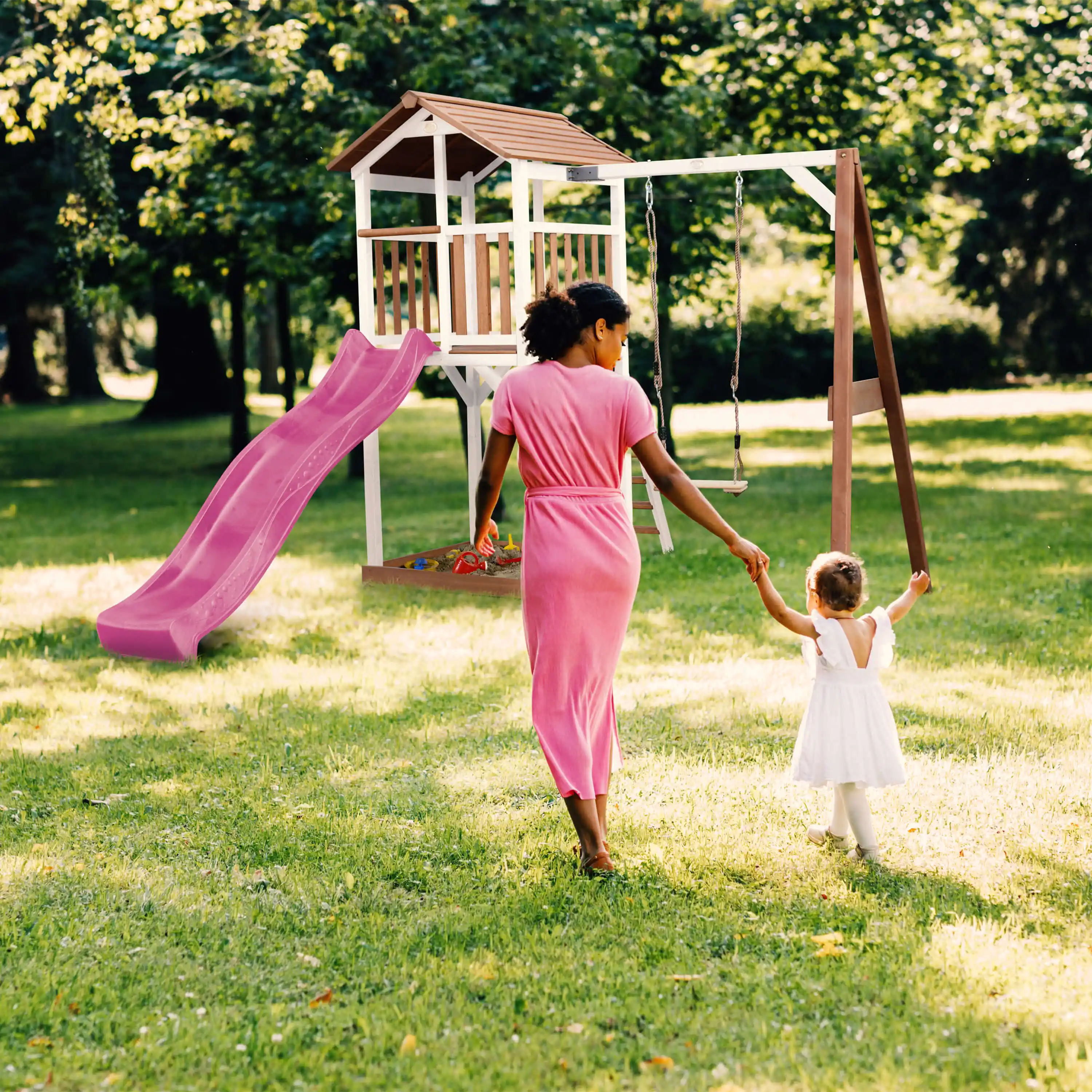 AXI Beach Tower with Single Swing Set Brown/White - Purple Slide