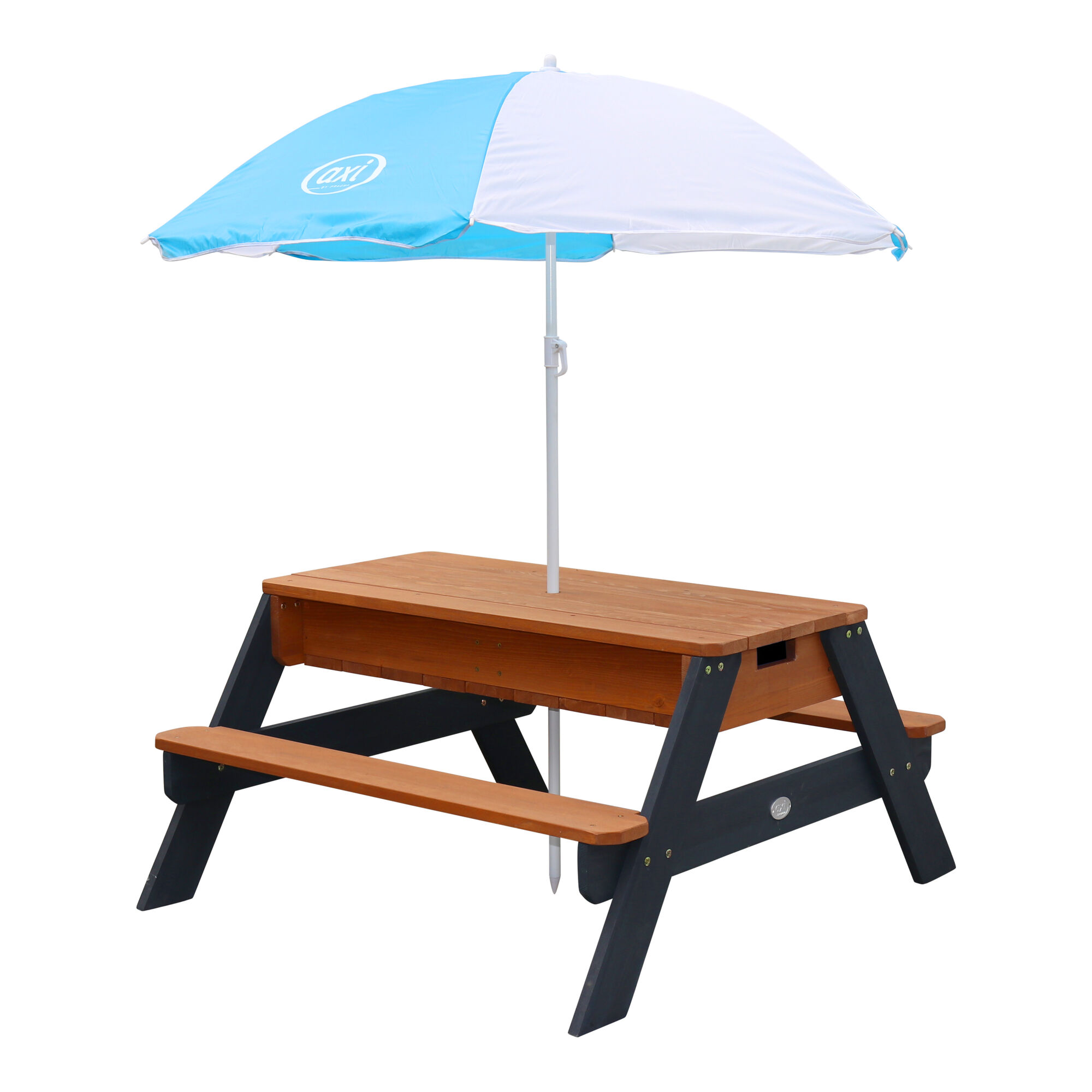 productfoto AXI Nick Zand & Water Picknicktafel Antraciet/bruin - Parasol Blauw/wit