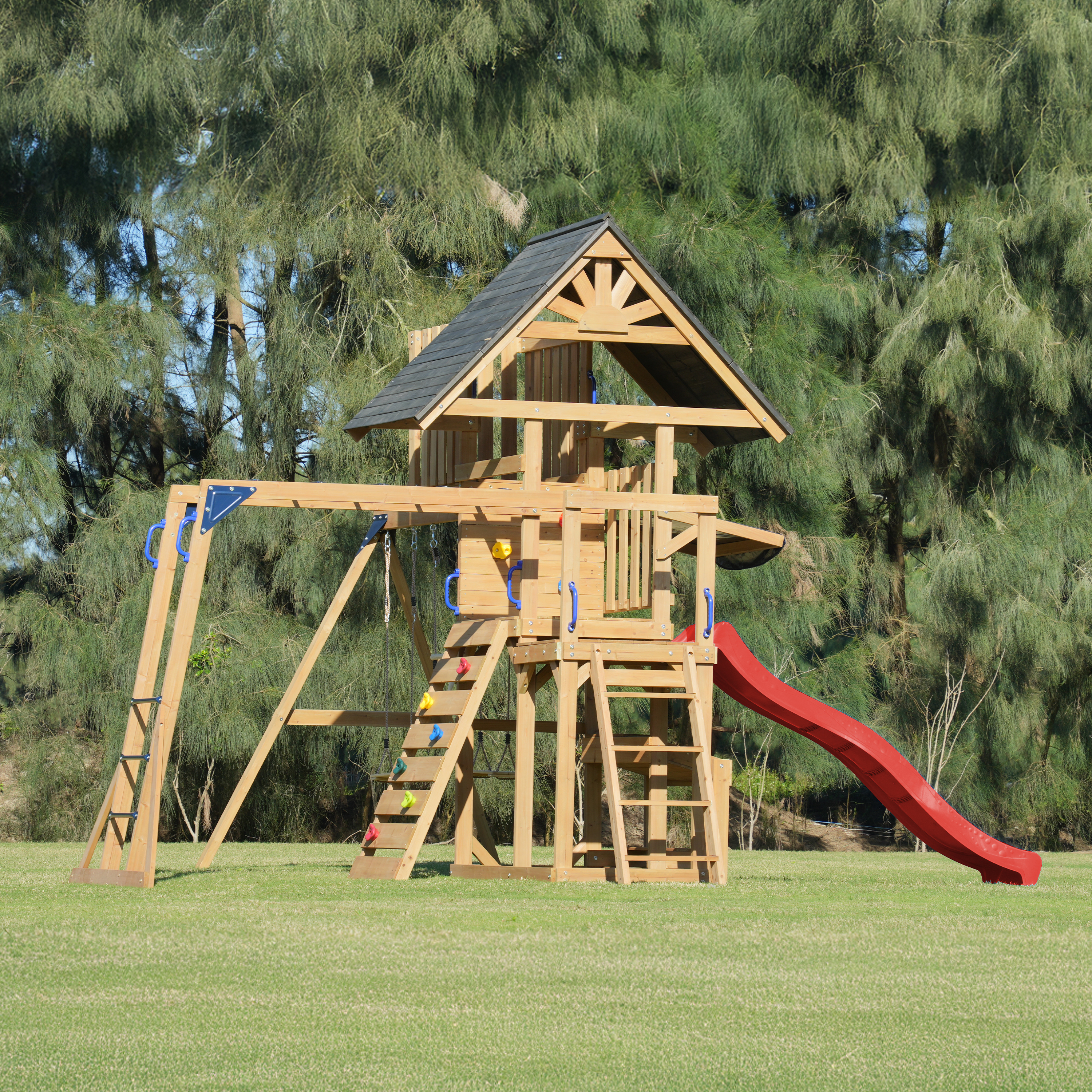 AXI Mitch Climbing Frame with Double Swing, Trapeze and Lookout Tower – Red Slide