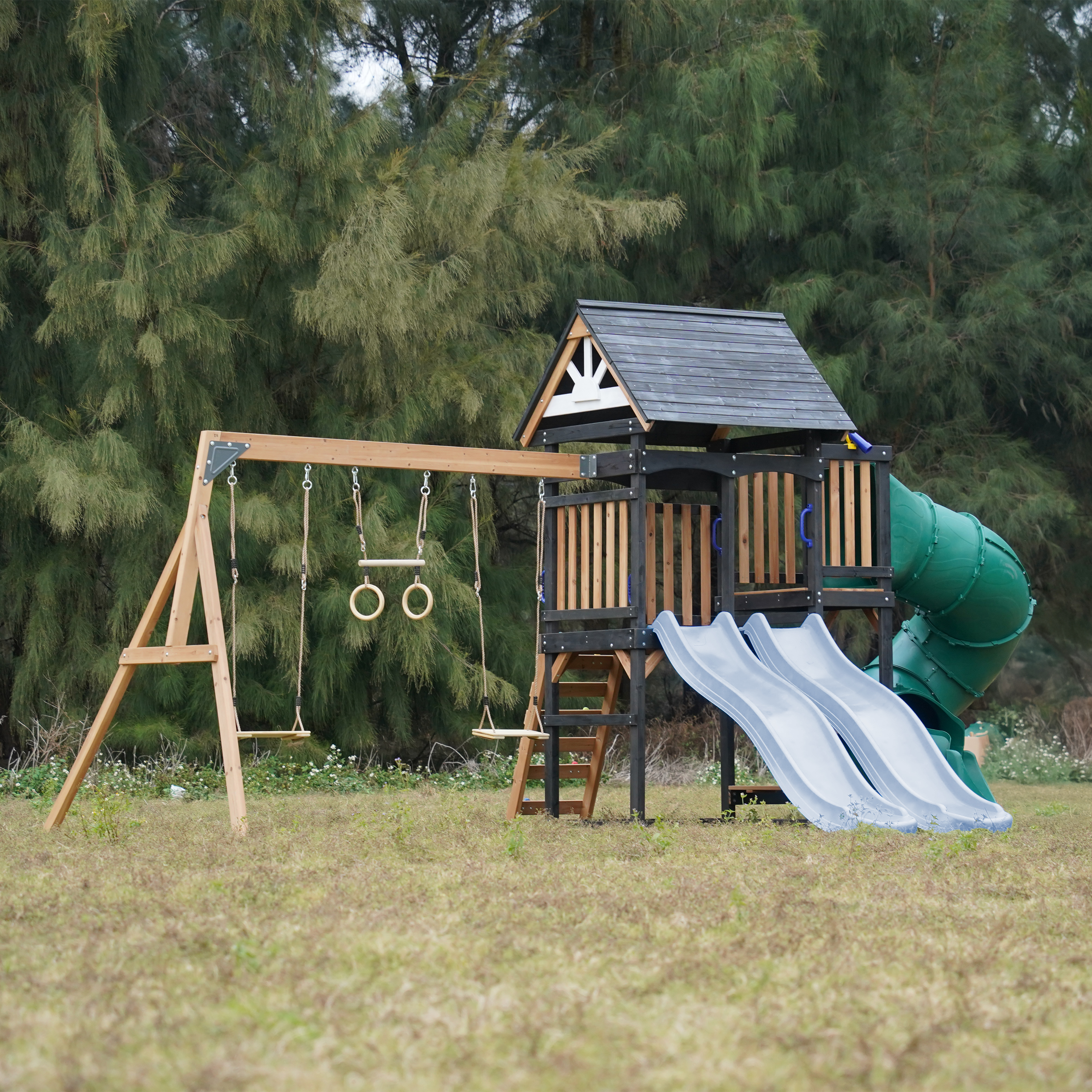 AXI Cody Climbing Frame with Swings. Trapeze and Climbing Wall – Pastel Blue Double Slide and Tube Slide