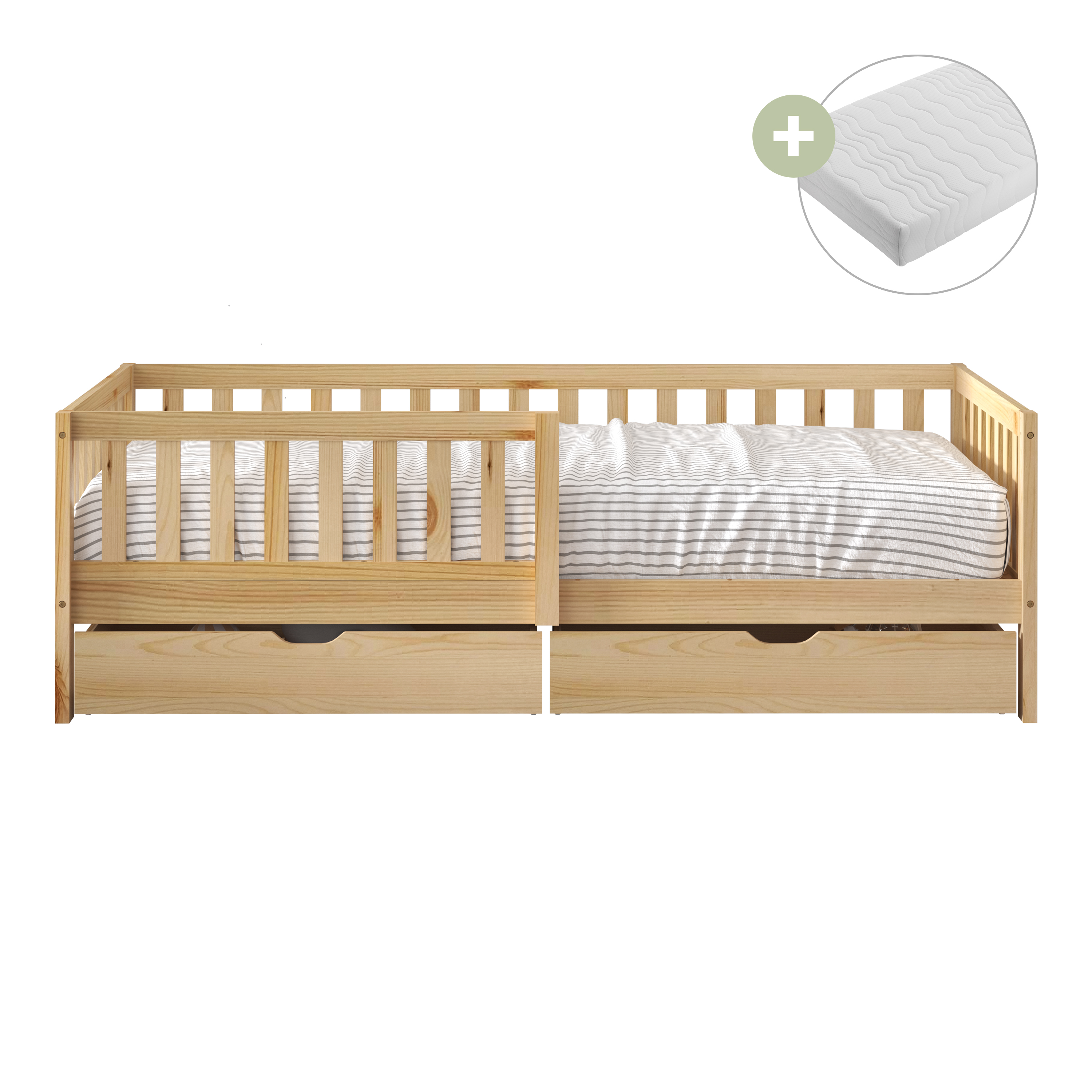 Sunny Isa Kids Bed with 2 Storage Drawers and Guardrail Natural – With Mattress
