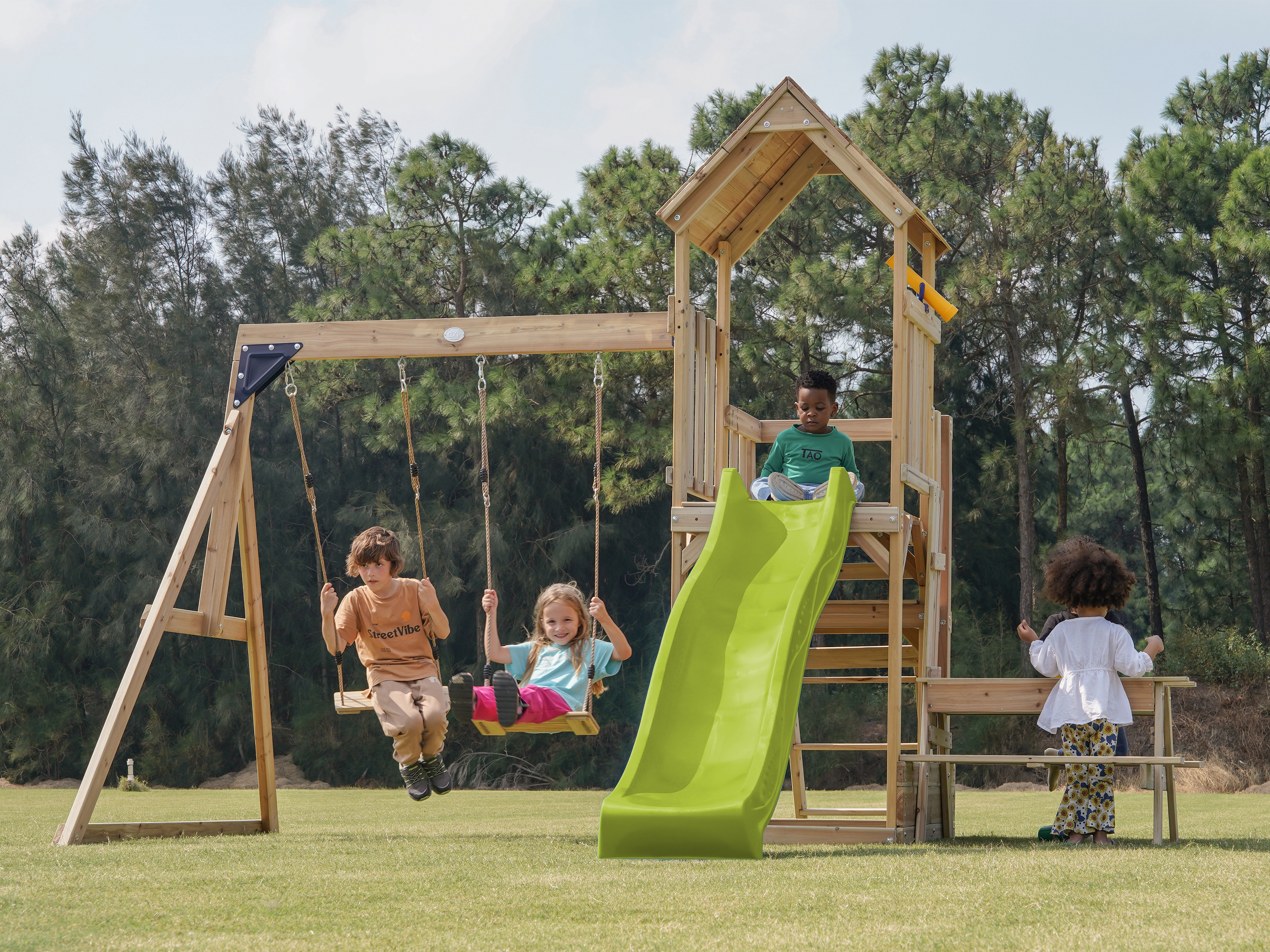 AXI Mette Climbing Frame with Double Swing Set and Picnic Table - Lime Green Slide