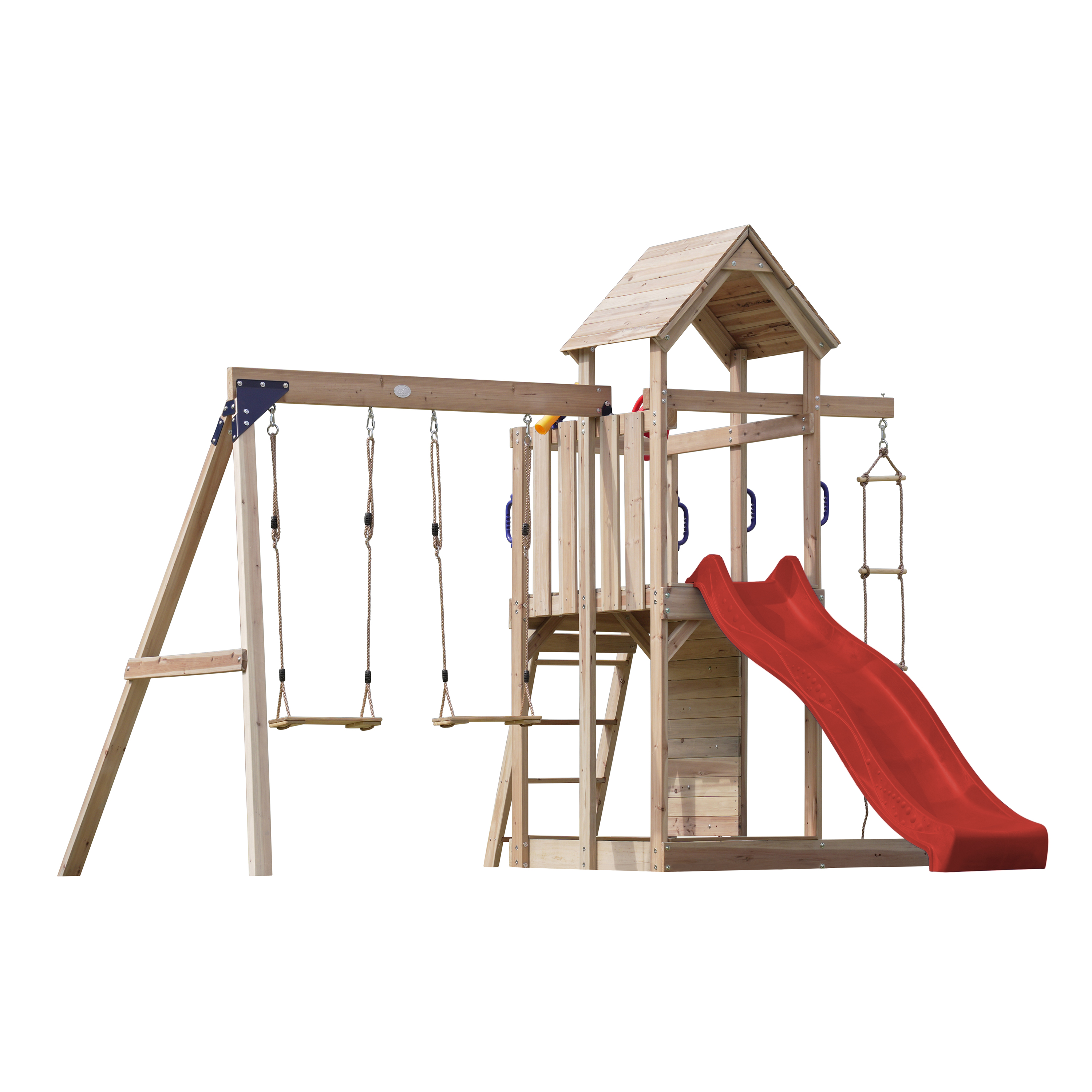 AXI Moos Speeltoestel met Dubbele Schommel en Touwladder Bruin – Rode Glijbaan -8720365064500 AXI Moos Speeltoestel met Dubbele Schommel en Touwladder Bruin – Rode Glijbaan