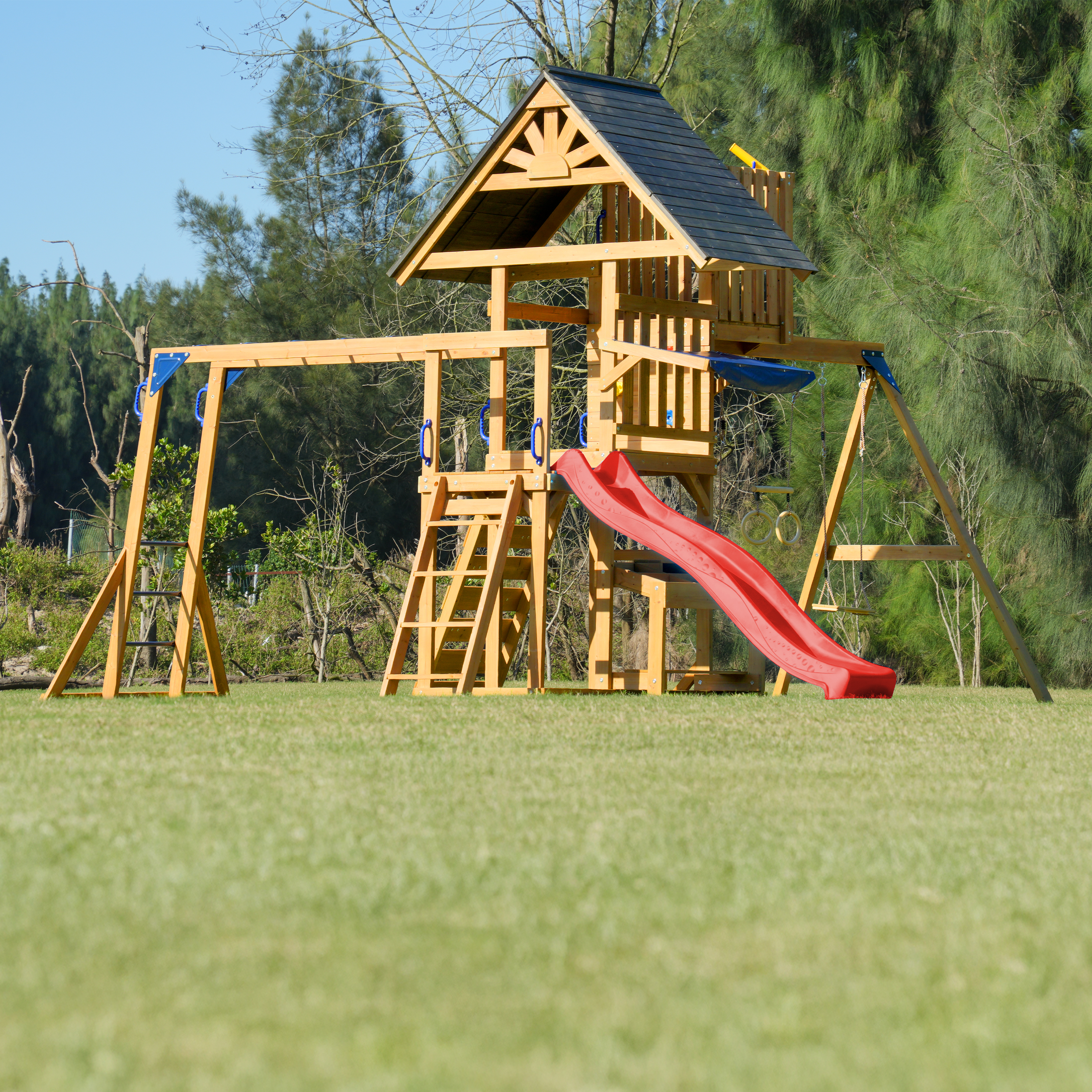 AXI Mitch Climbing Frame with Double Swing, Trapeze and Lookout Tower – Red Slide