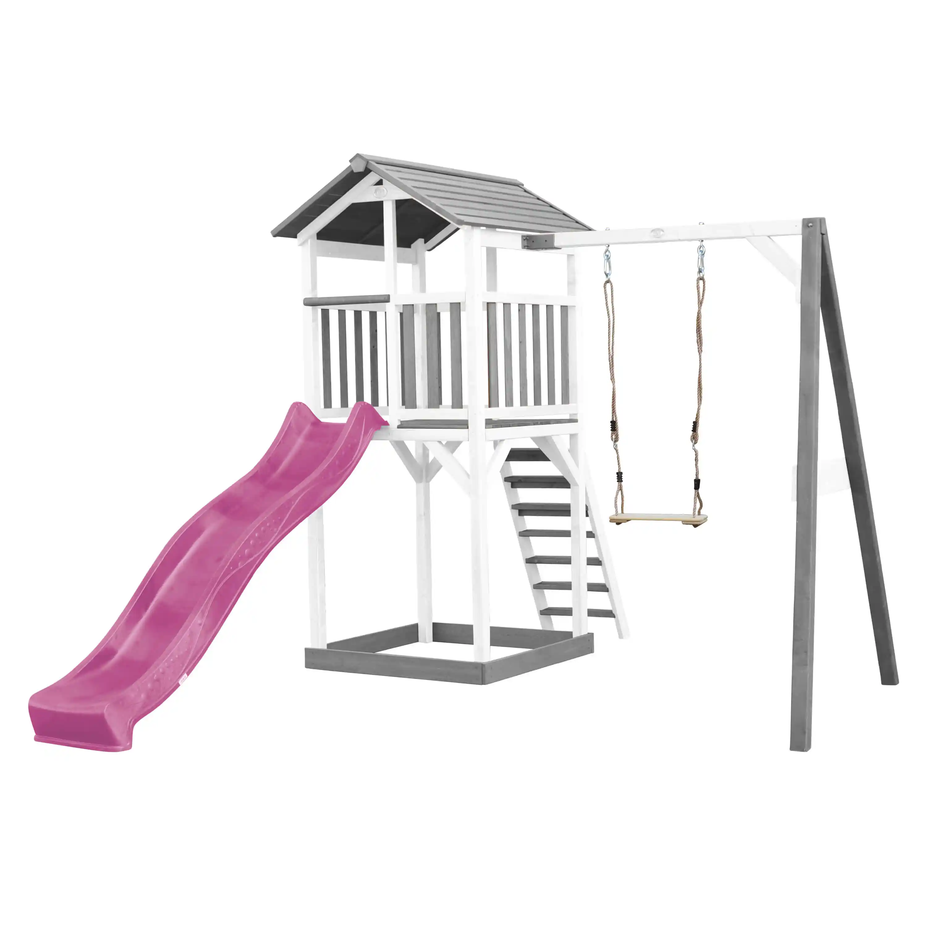 AXI Beach Tower Speeltoren met Enkele Schommel Grijs/wit - Paarse glijbaan