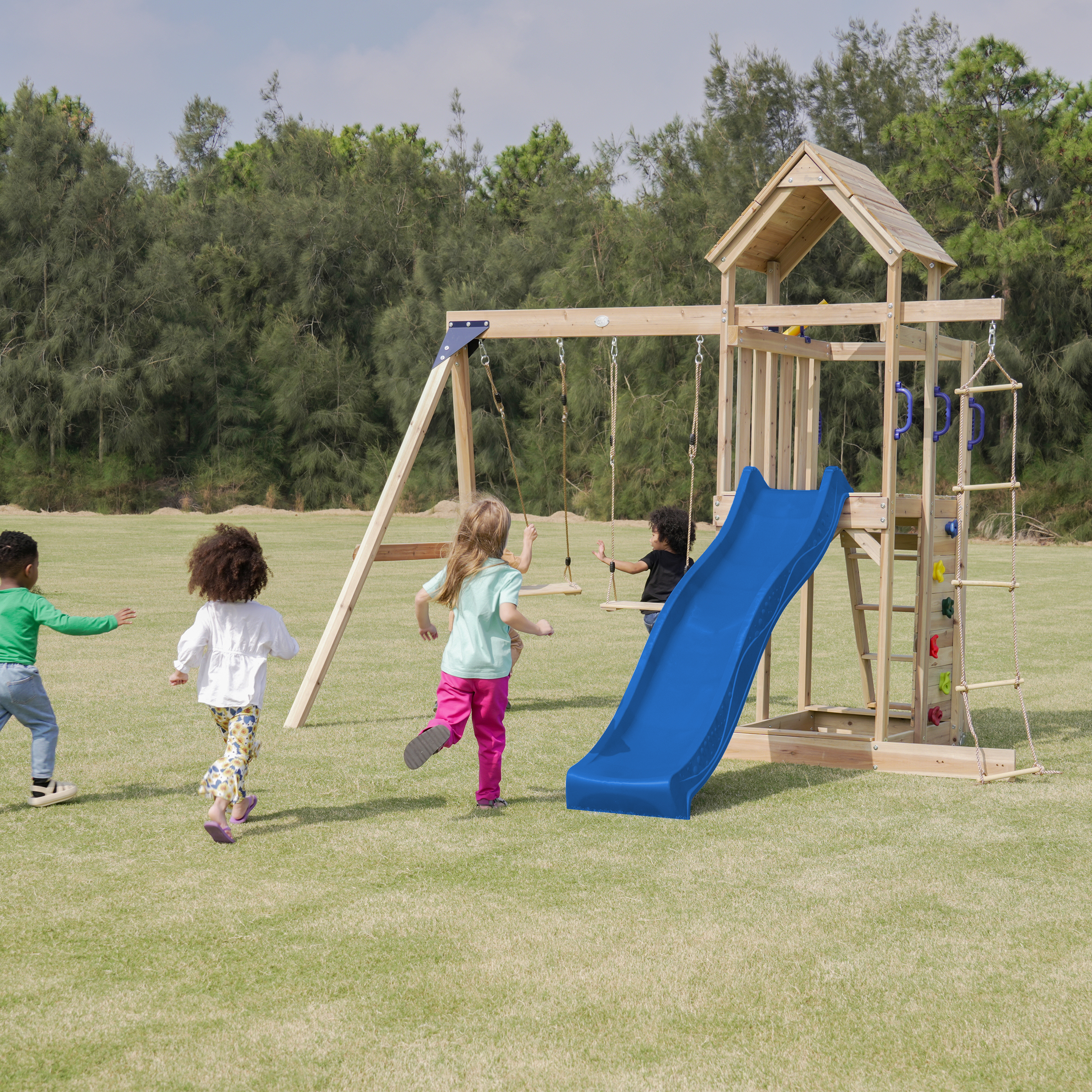 AXI Moos Climbing Frame with Double Swing Set - Blue Slide