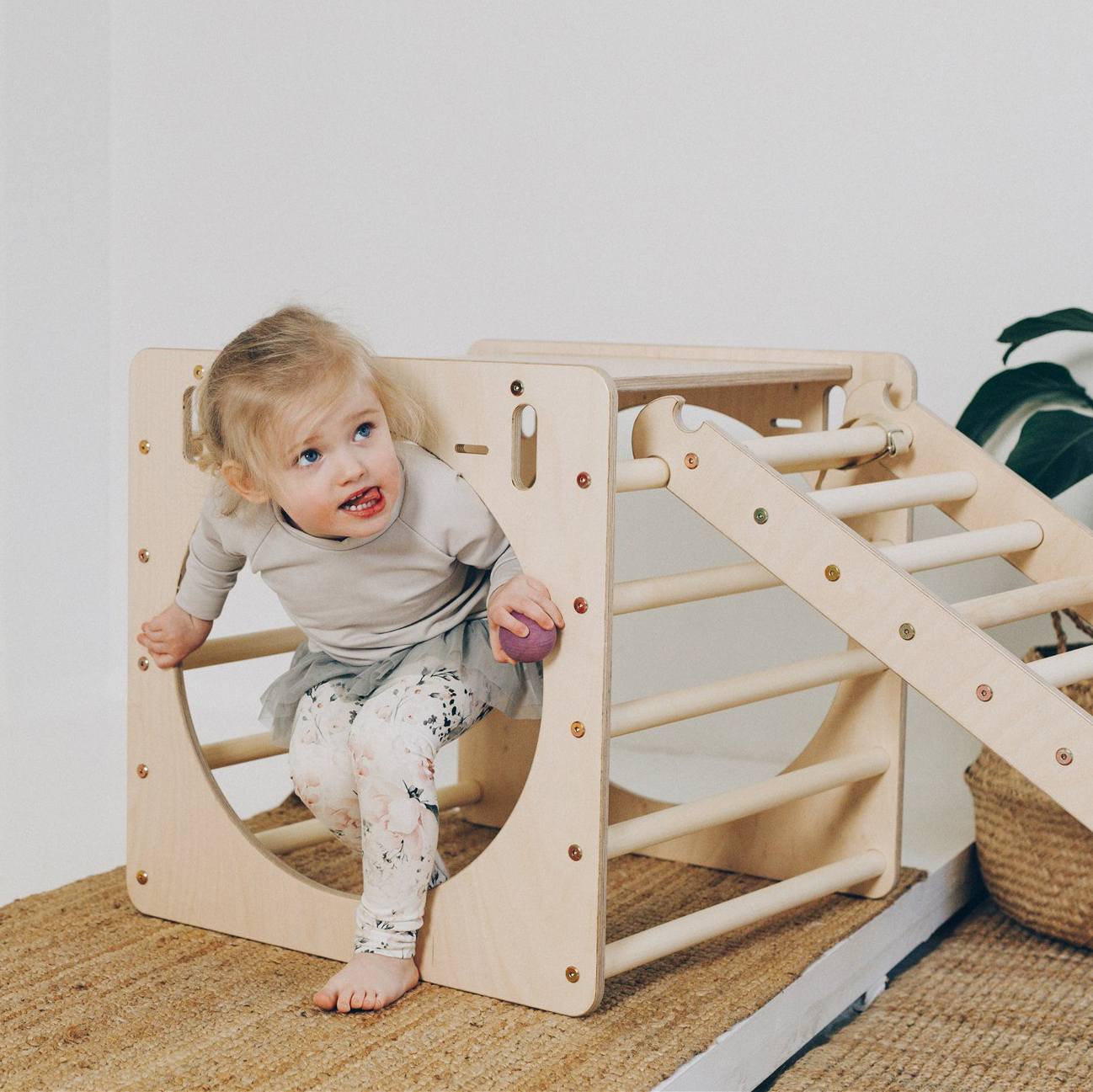 KateHaa Wooden Activity Cube with Ladder and Climbing Wall - Natural