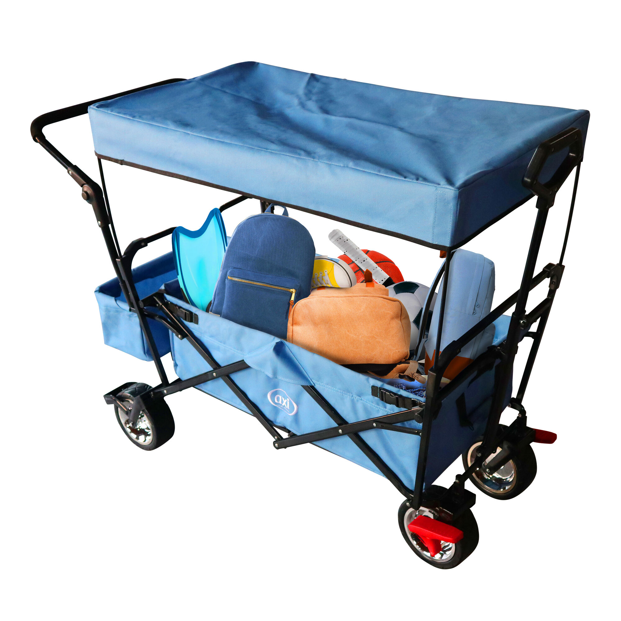 productfoto AXI AB210 Opvouwbare Bolderwagen met dak, tas, rem en duwstang Blauw