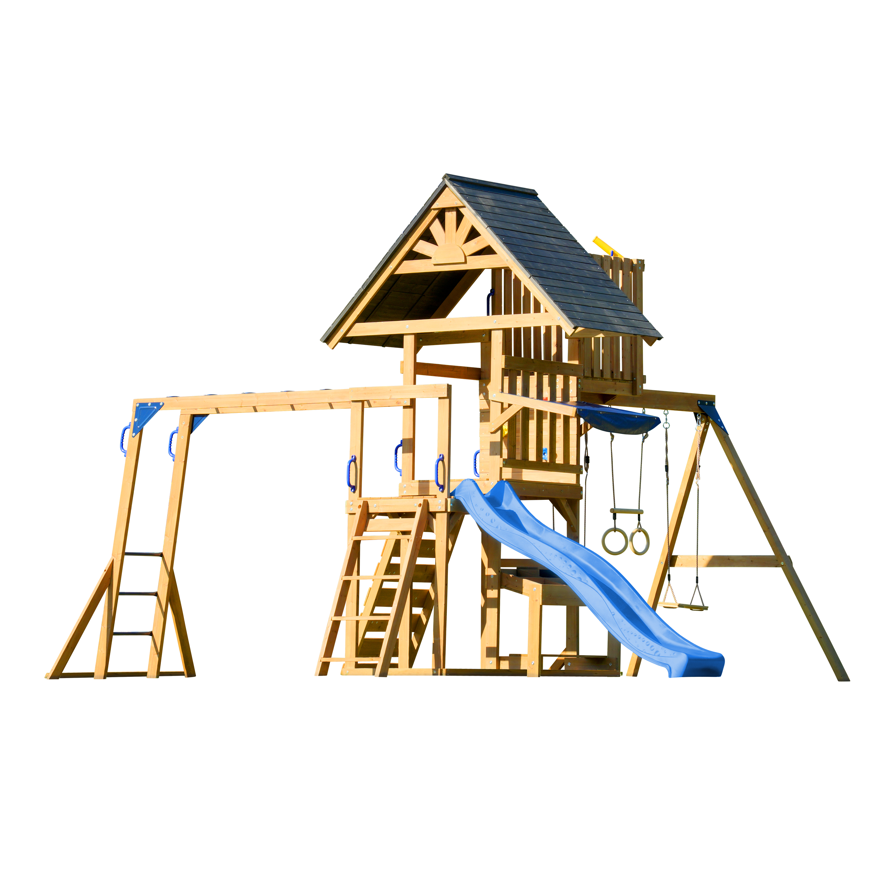 AXI Mitch Climbing Frame with Double Swing. Trapeze and Lookout Tower – Blue Slide
