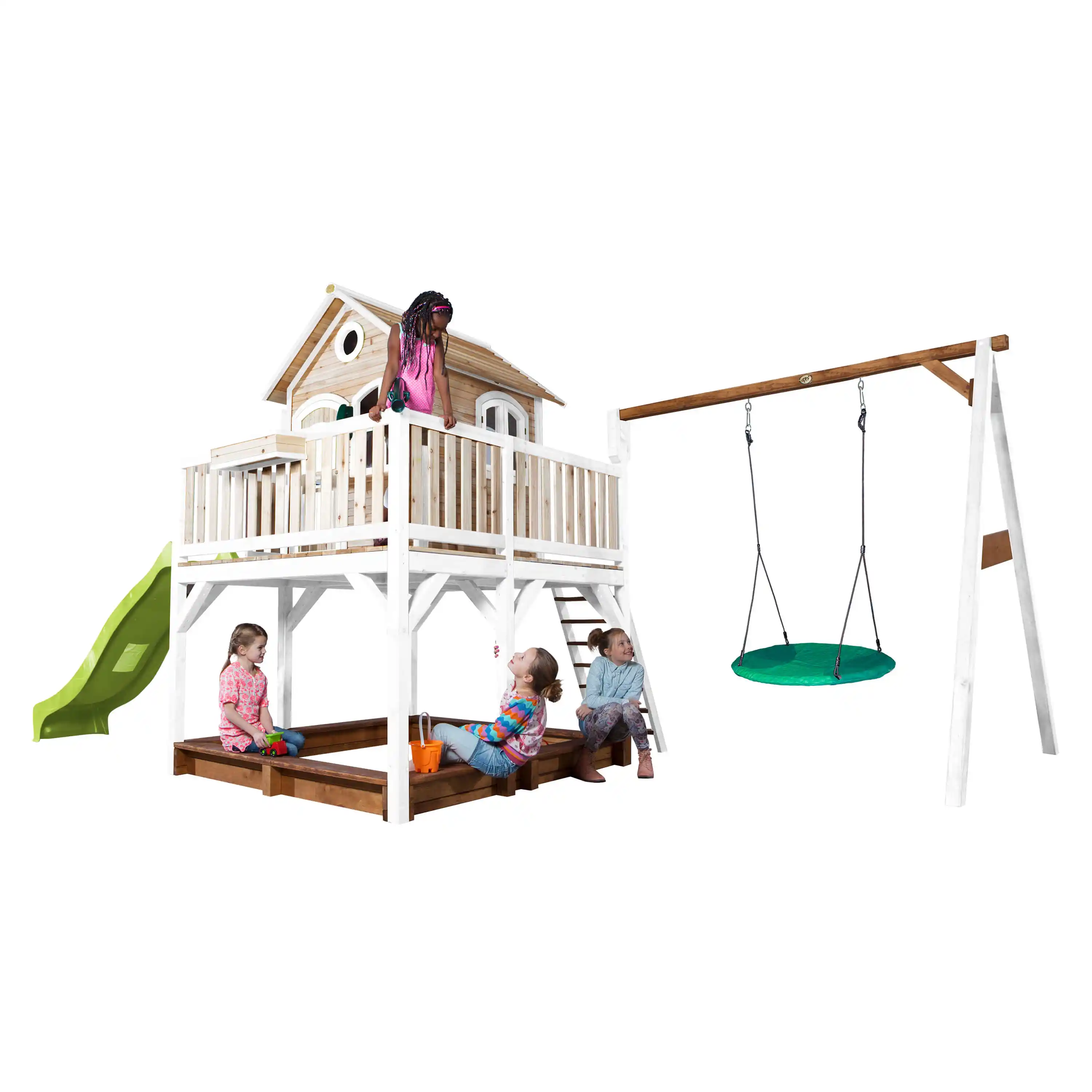 AXI Liam Playhouse with Summer Nest Swing Set Brown/White - Lime Green Slide